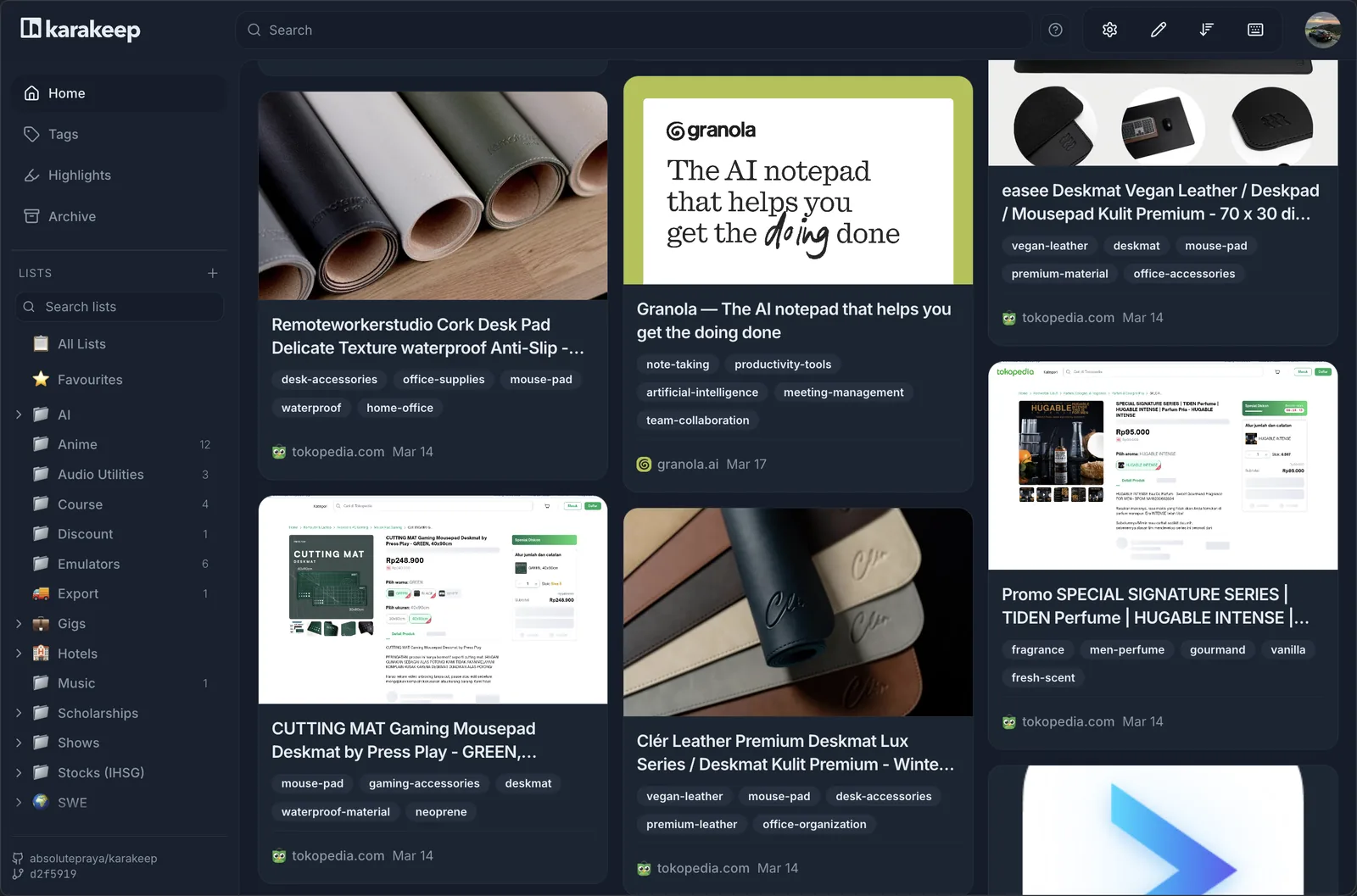 Bookmark manager showing a grid of bookmarks with populated screenshot previews
