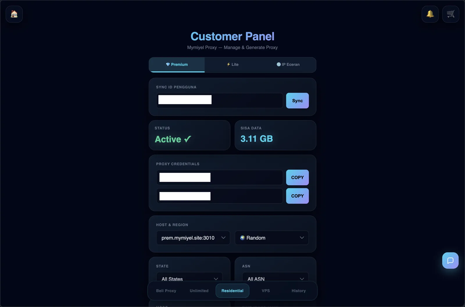 Proxy provider customer panel showing host, region, and ASN selectors