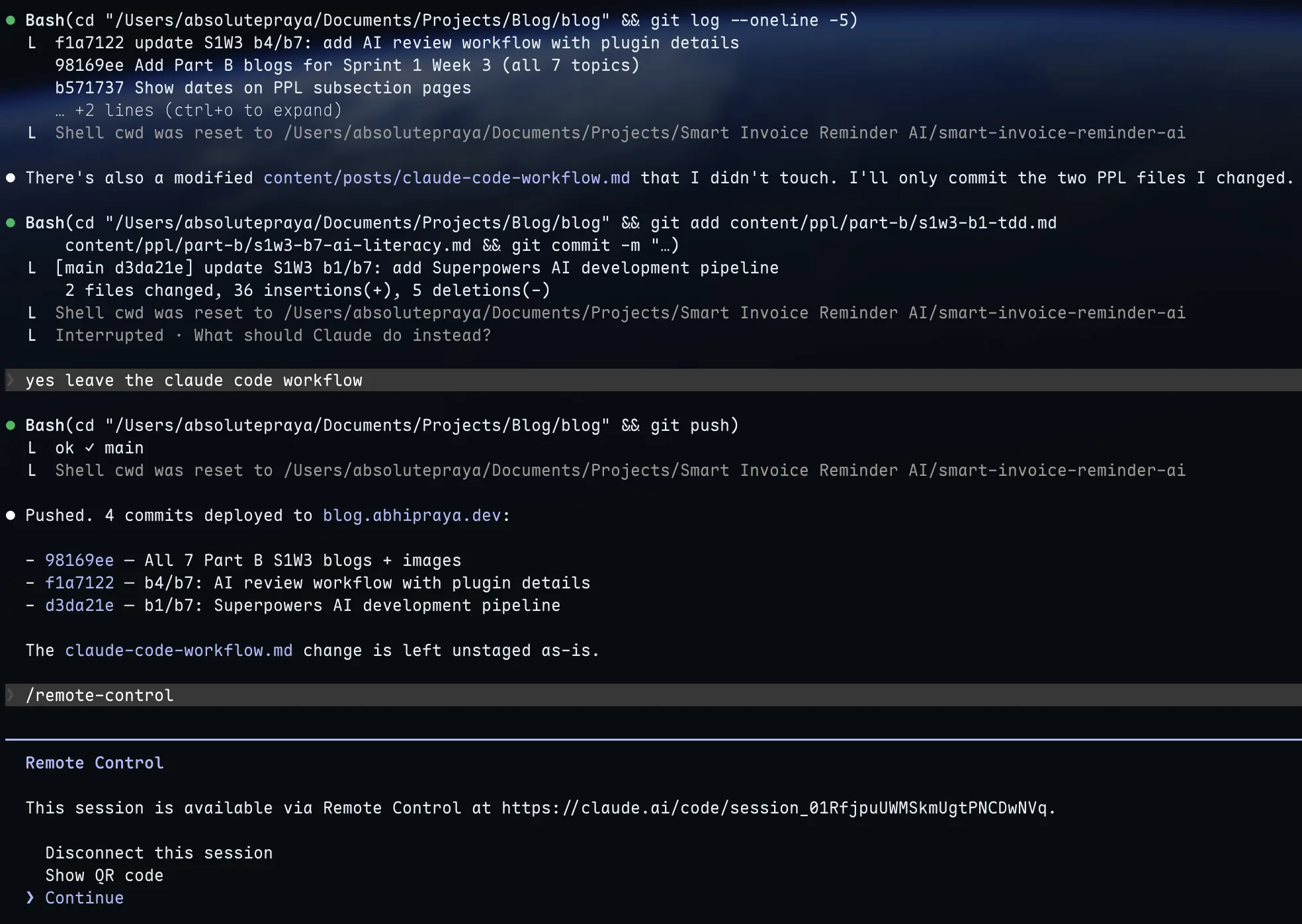 Terminal showing Remote Control QR code and session URL
