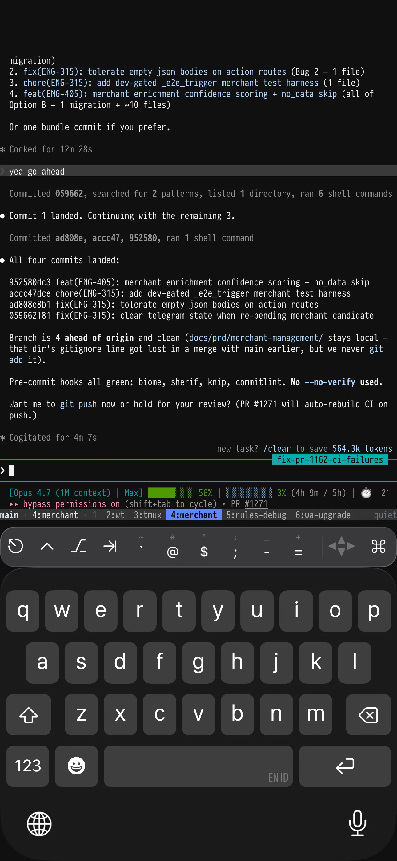 Blink Shell on iPhone connected to a remote agent session with a custom keyboard bar and tmux status line