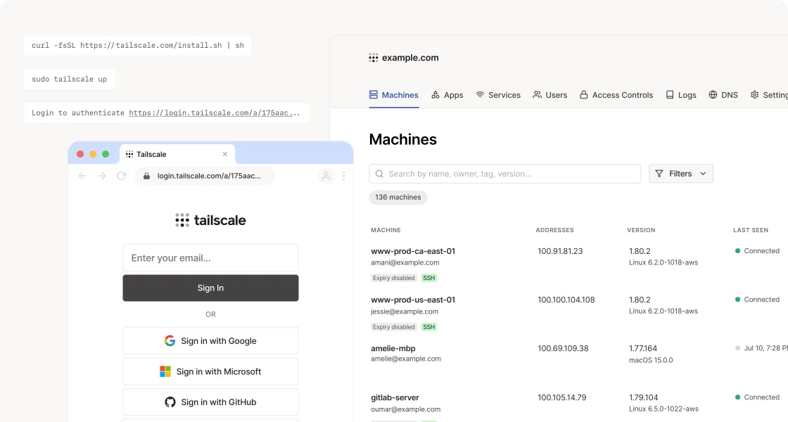 Tailscale overlay network connecting personal devices privately