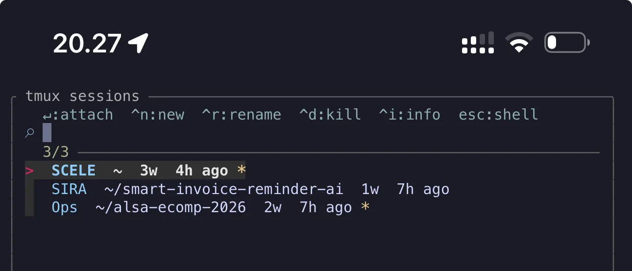 tmux-menu showing fzf-powered session picker on VPS