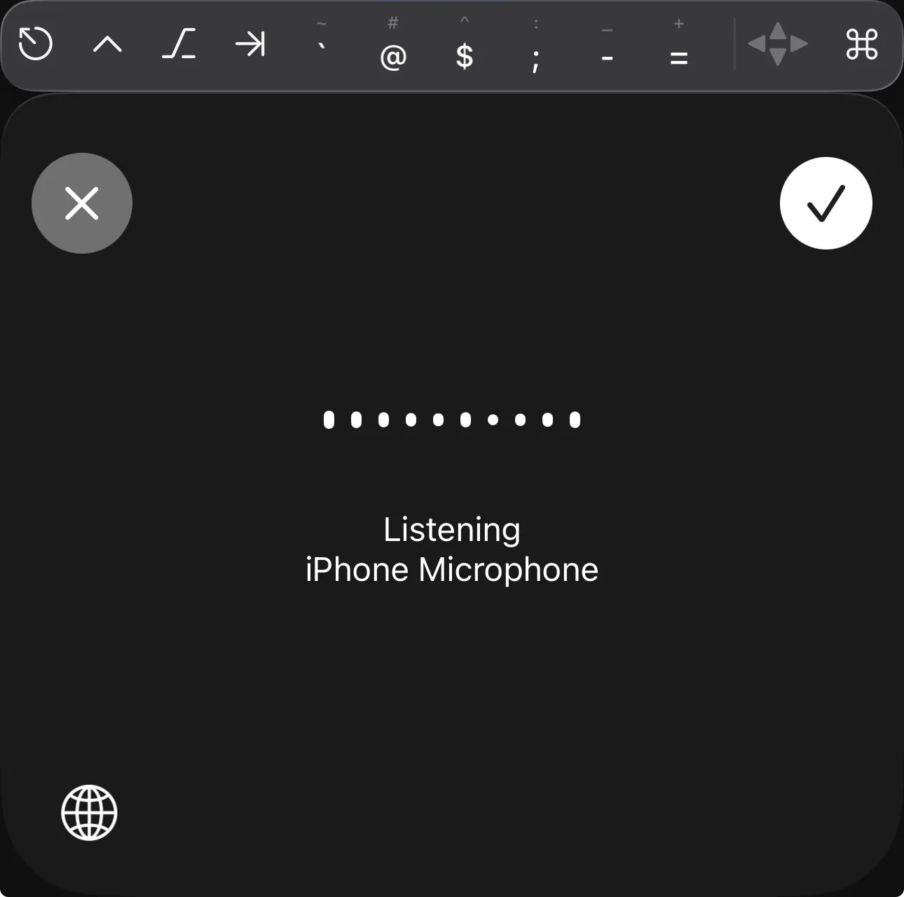 Wispr Flow listening interface on iPhone showing the iPhone microphone as the active input