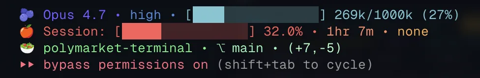 ccstatusline showing model, context usage, git branch, and tool activity