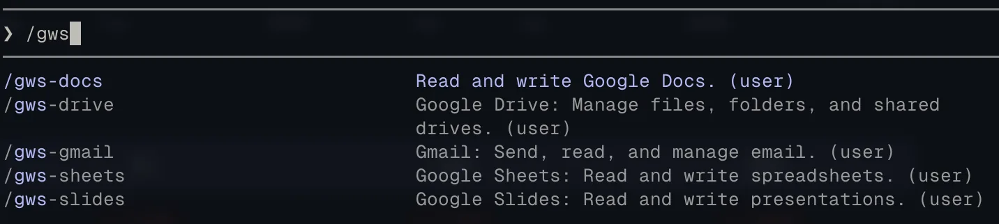 Google Workspace CLI skills installed locally, covering sheets, docs, drive, gmail, calendar, and slides