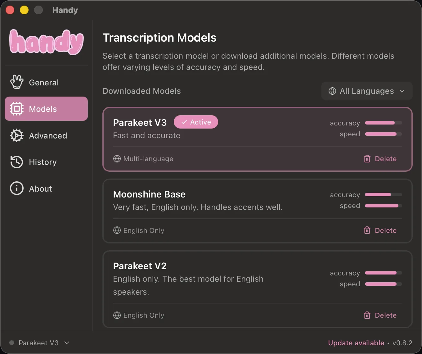 Handy transcription model settings showing Parakeet V3 as active