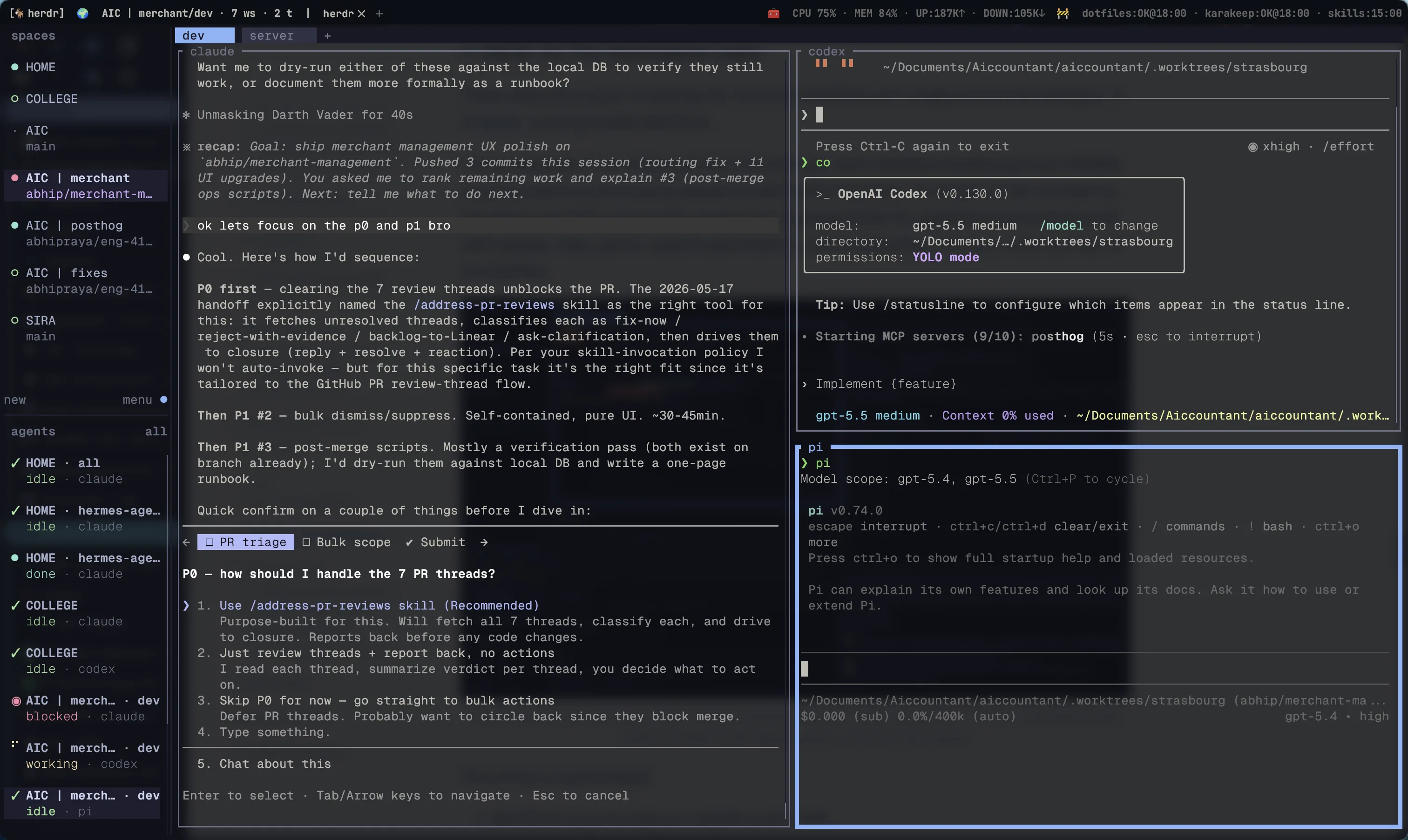 Herdr workspace in WezTerm showing Claude Code, Codex, and pi running side by side, with agent status monitored in the bottom-left agents section