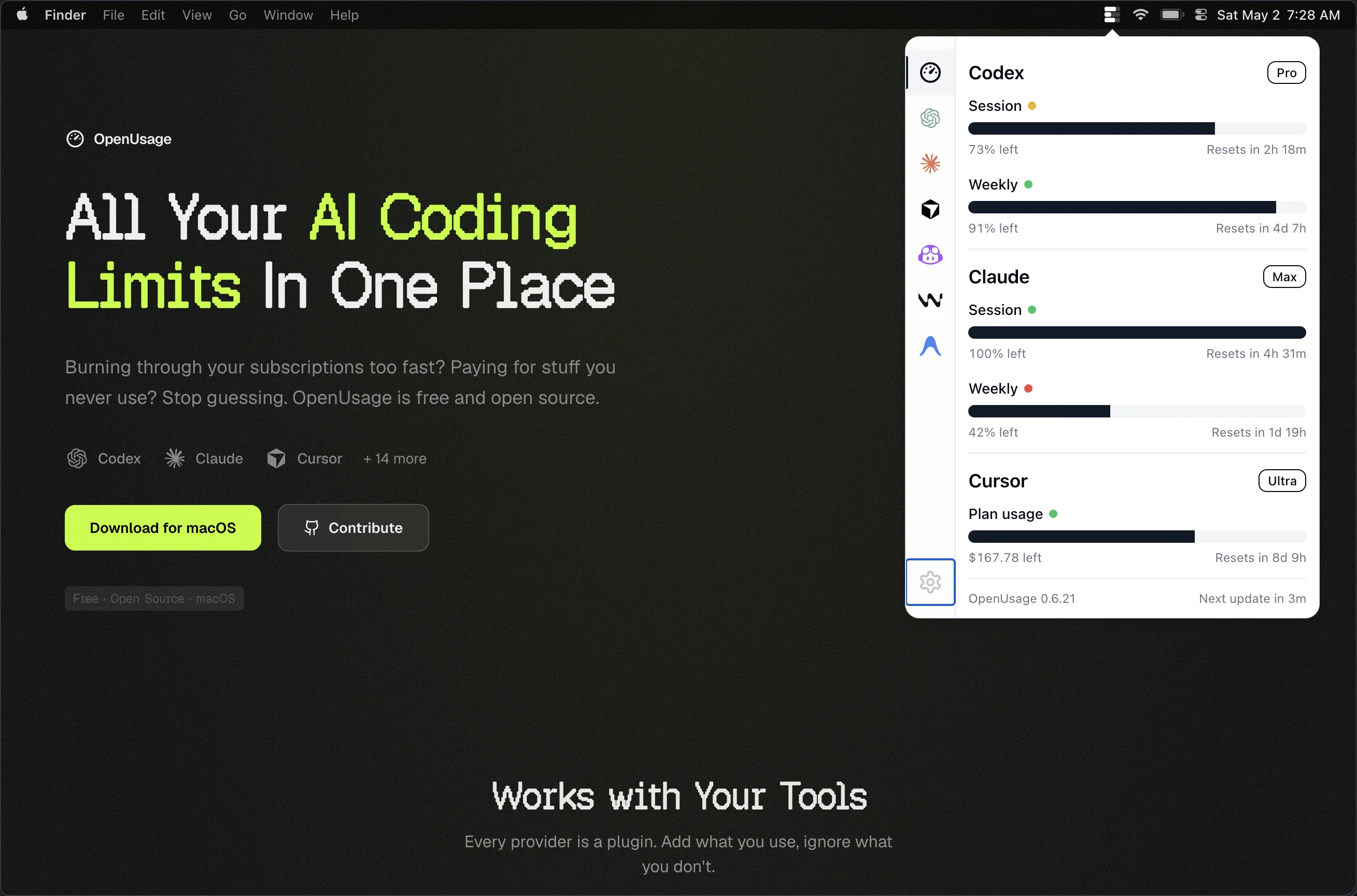OpenUsage showing usage across multiple AI coding tools