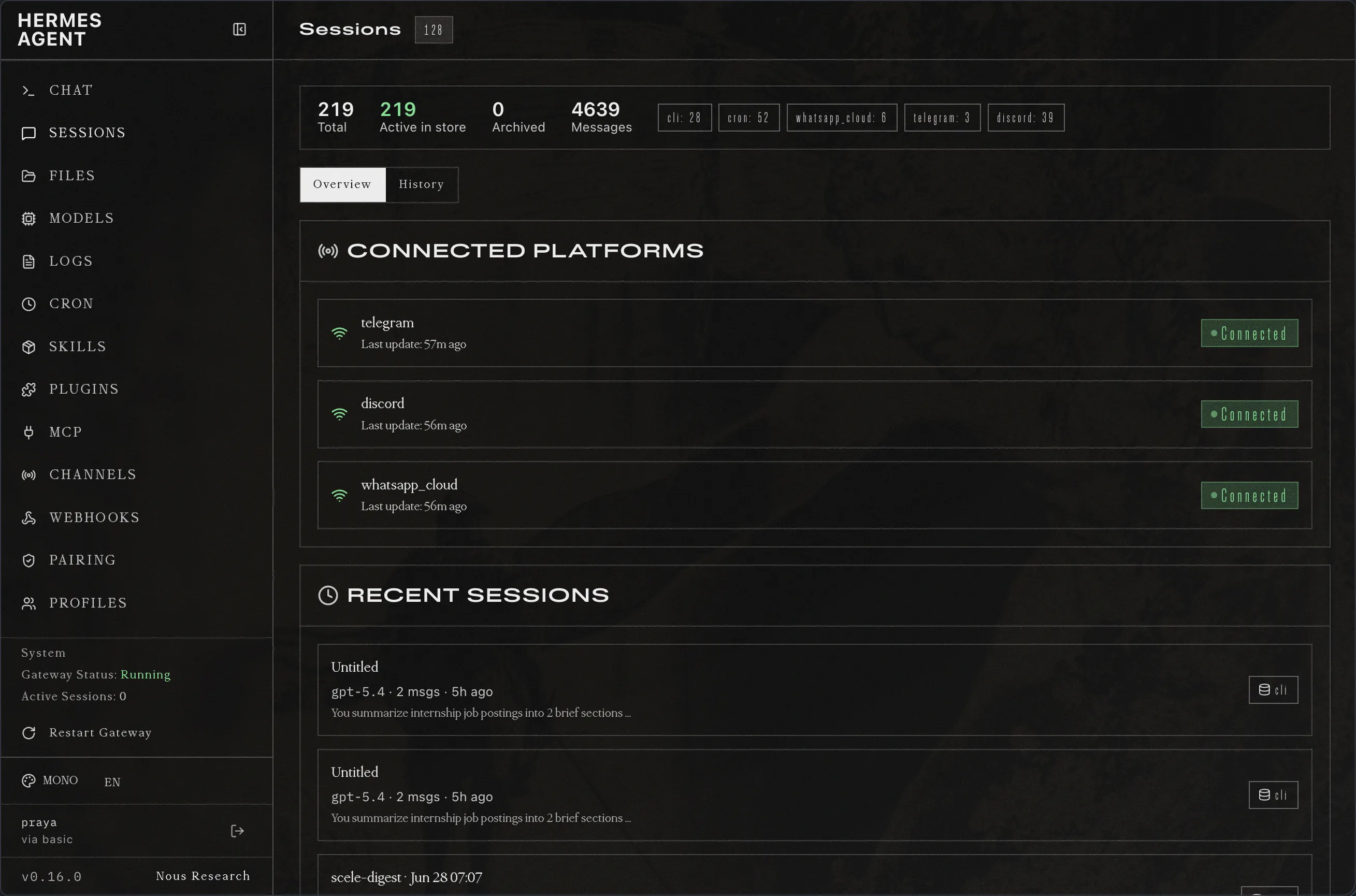 Hermes Agent web dashboard Sessions page showing Telegram, Discord, and WhatsApp all connected, session and message counts, and a left navigation with Chat, Cron, Skills, MCP, and Logs