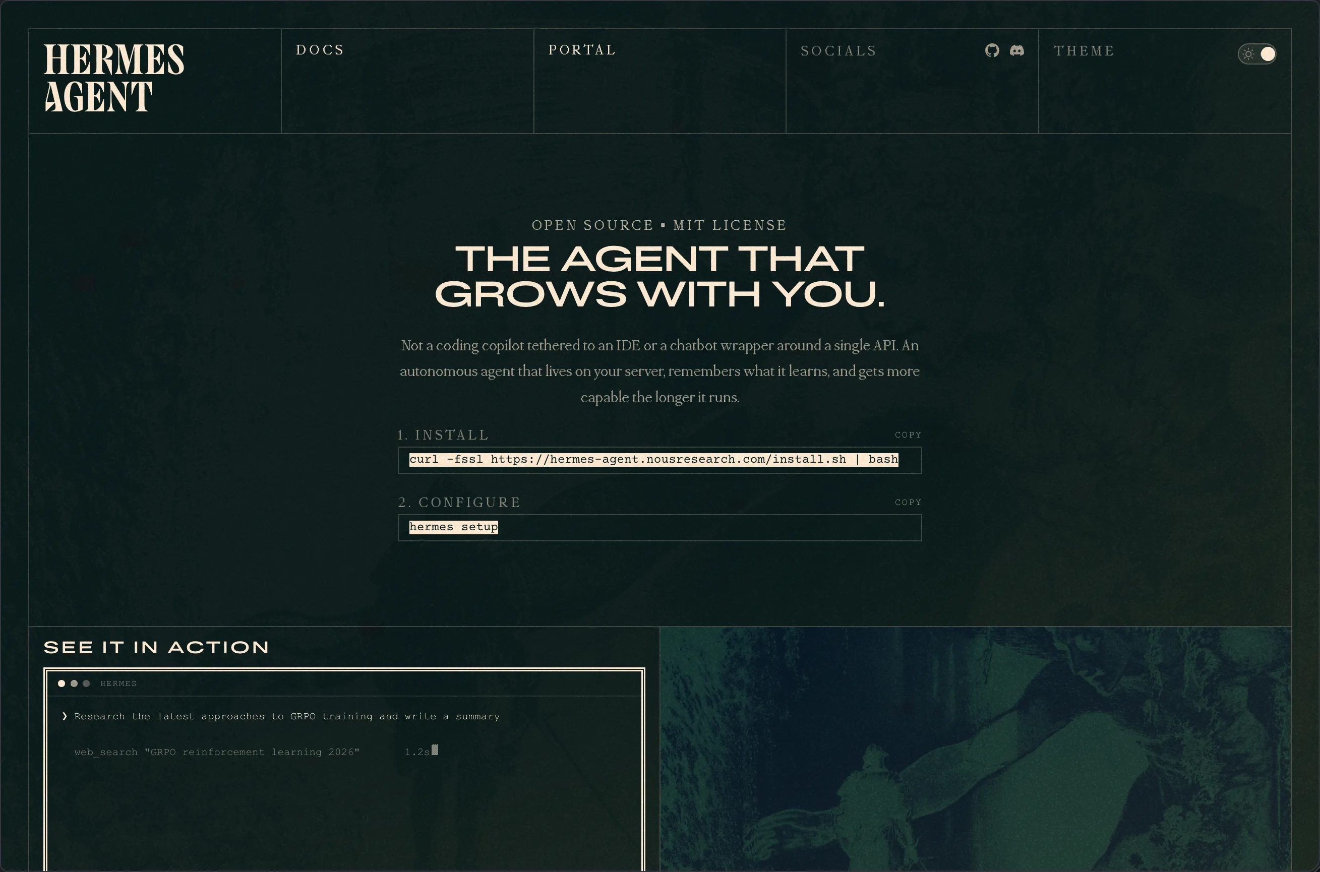 Hermes Agent landing page from Nous Research, with the headline 'The agent that grows with you'