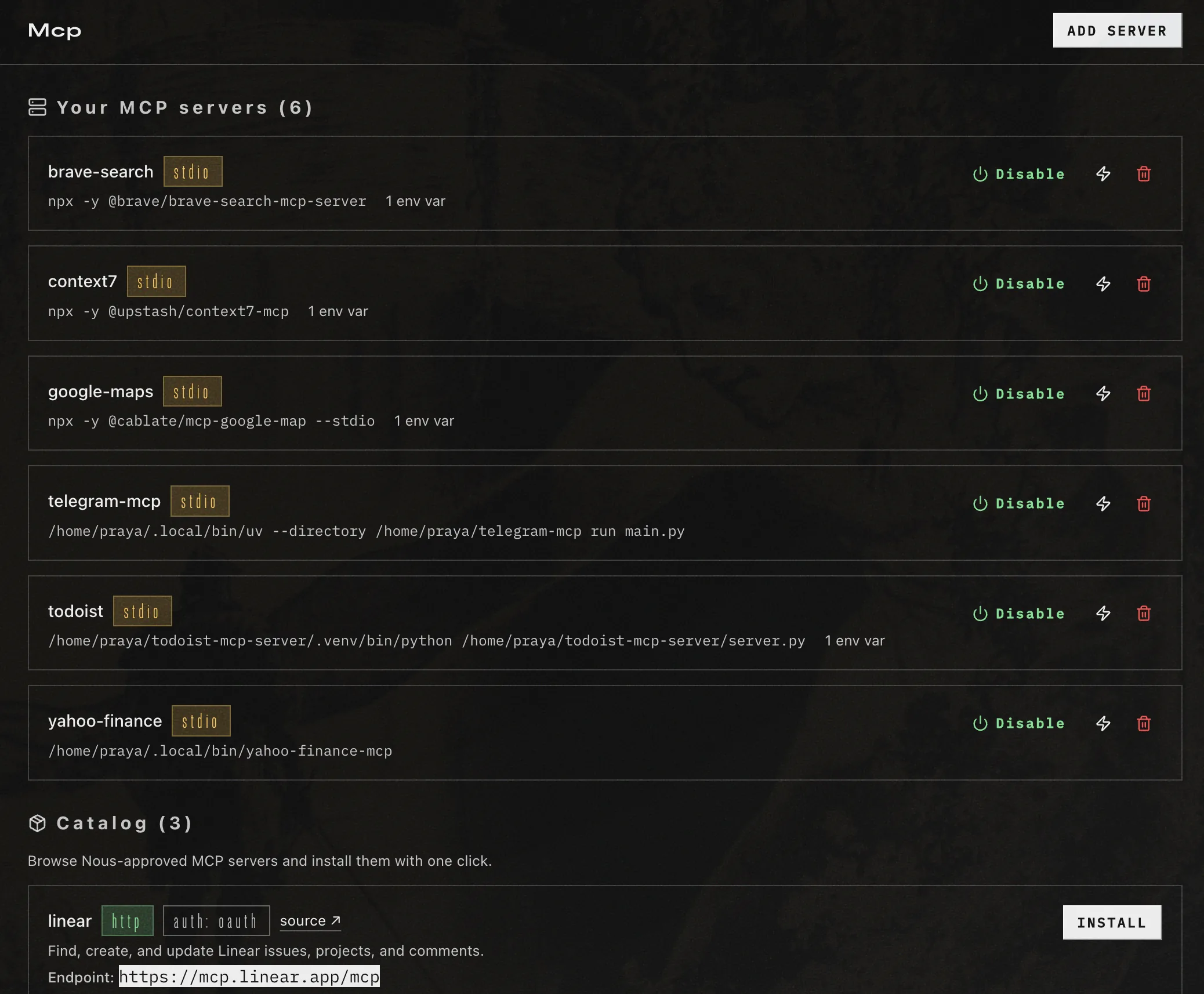 Hermes dashboard MCP page listing six connected servers: brave-search, context7, google-maps, telegram-mcp, todoist, and yahoo-finance, each with its launch command