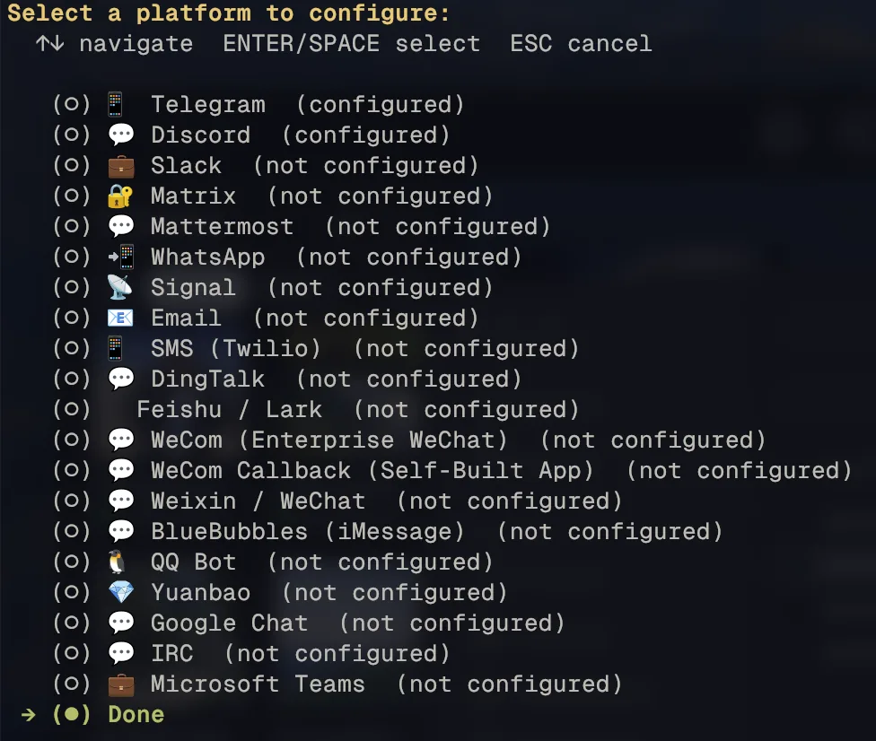 Hermes Agent gateway platform selection TUI listing Telegram, Discord, Slack, Mattermost, WhatsApp, Signal, Email, and others