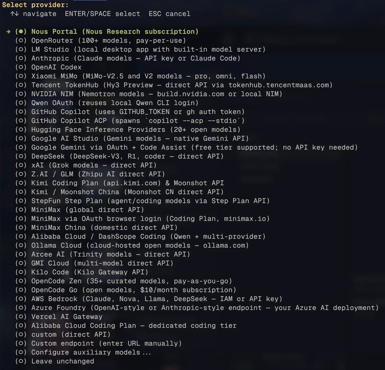 Hermes Agent provider selection TUI menu listing Nous Portal, OpenRouter, LM Studio, Anthropic, OpenAI Codex, GitHub Copilot, and many other providers