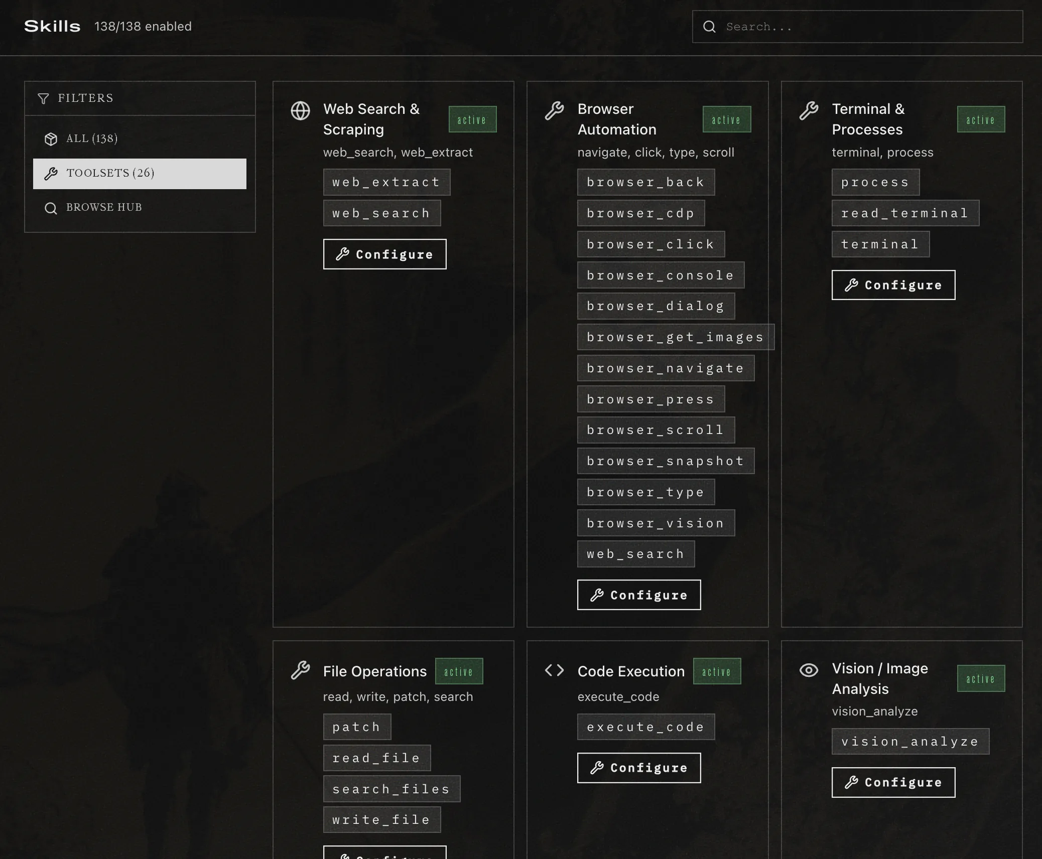 Hermes dashboard toolsets view showing built-in toolsets: Web Search and Scraping, Browser Automation, Terminal and Processes, File Operations, Code Execution, and Vision Image Analysis, each listing its individual tools
