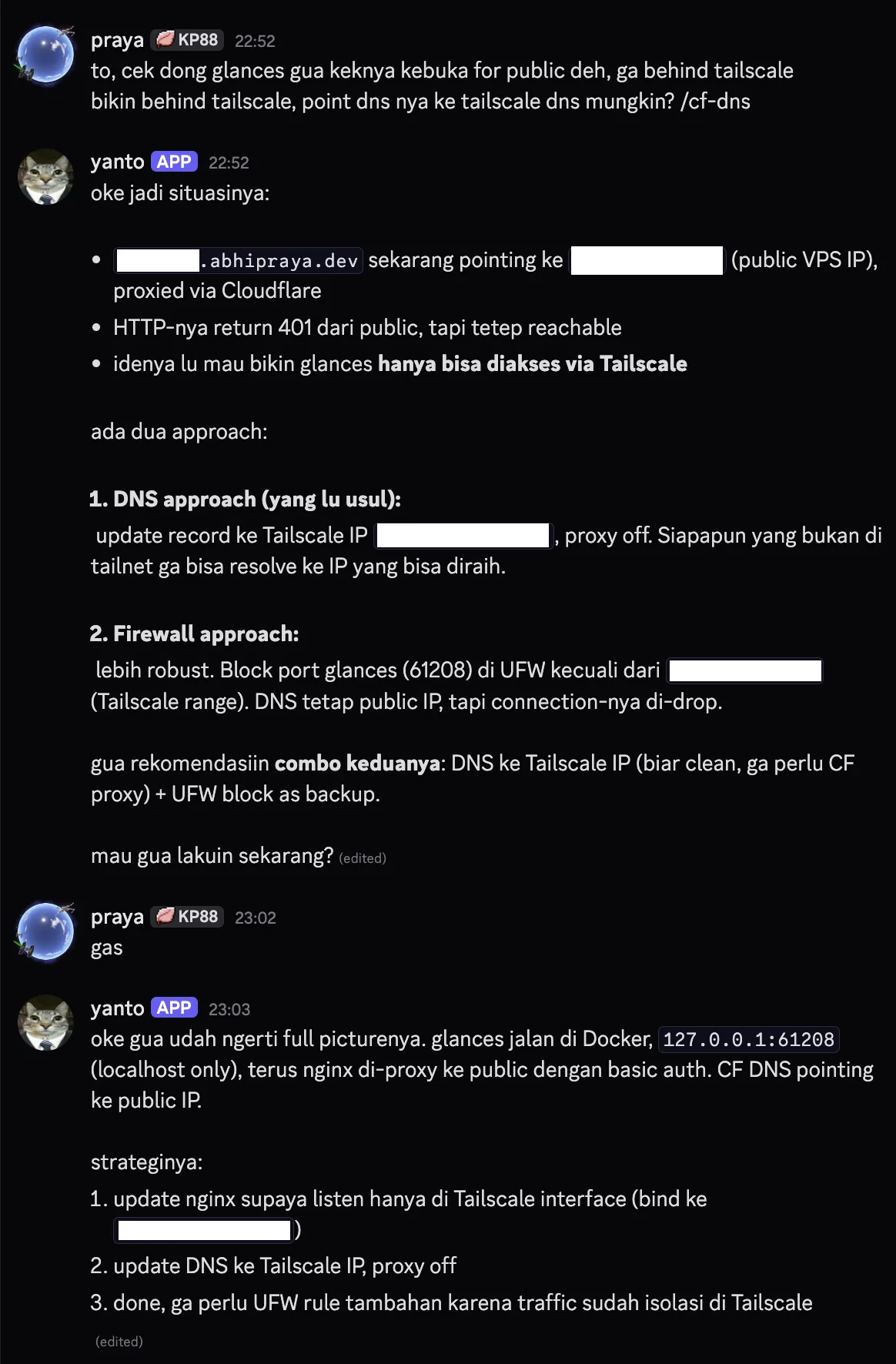 Discord conversation with Yanto debugging glances public exposure, recommending DNS plus firewall approach to put glances behind Tailscale
