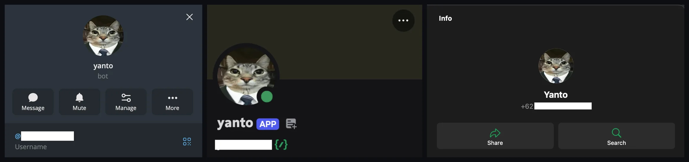 Three profile cards side by side: the Yanto agent as a Telegram bot, a Discord app labeled yanto#2842, and a WhatsApp contact, all sharing the same cat-in-a-suit avatar