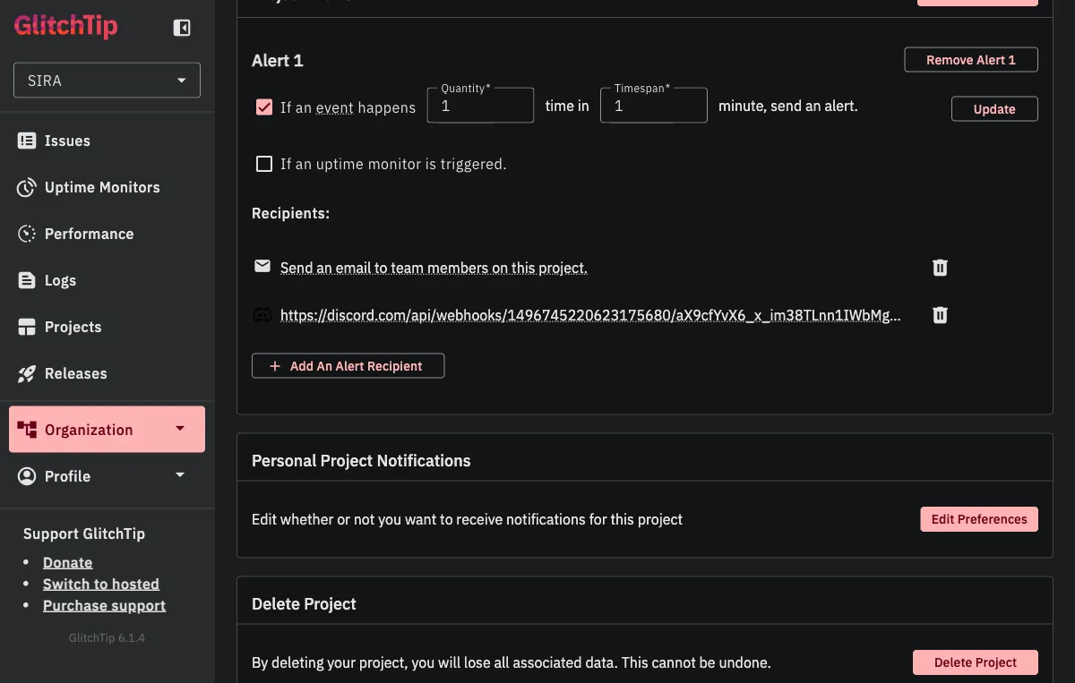 GlitchTip Alert configuration for sira-api showing the &ldquo;1 event / 1 minute&rdquo; rule, email recipient, and Discord webhook recipient