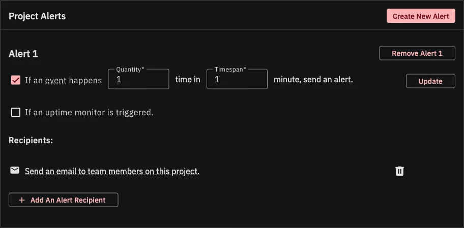 GlitchTip alert configuration: 1 event in 1 minute triggers email to team