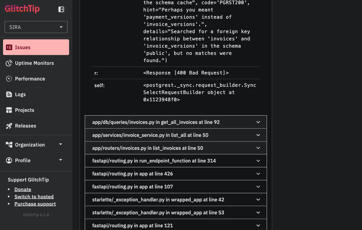 Stack trace showing PostgREST error hint &ldquo;Perhaps you meant &lsquo;payment_versions&rsquo; instead of &lsquo;invoice_versions&rsquo;&rdquo; with the SIRA code frames underneath