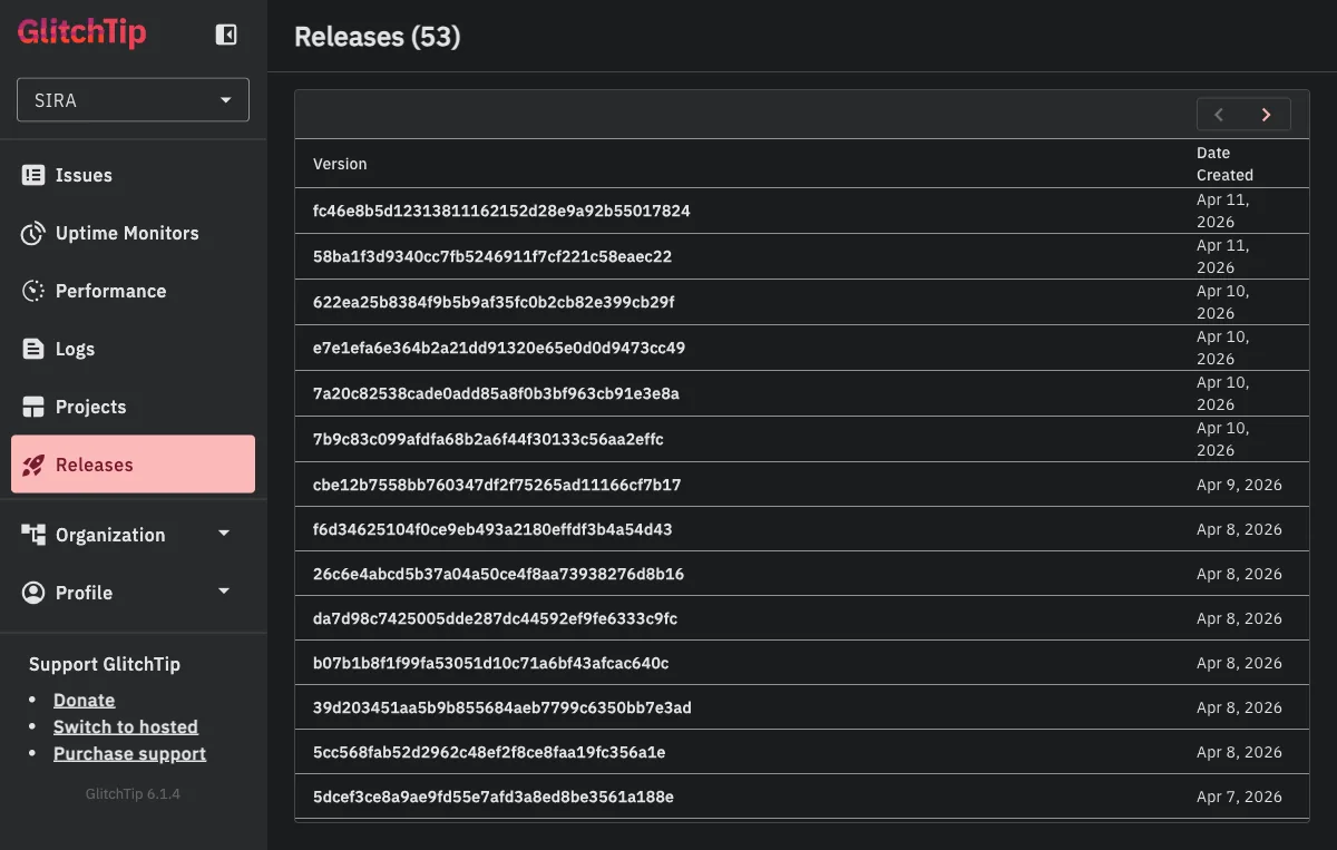 GlitchTip releases page showing deployments tagged by commit SHA