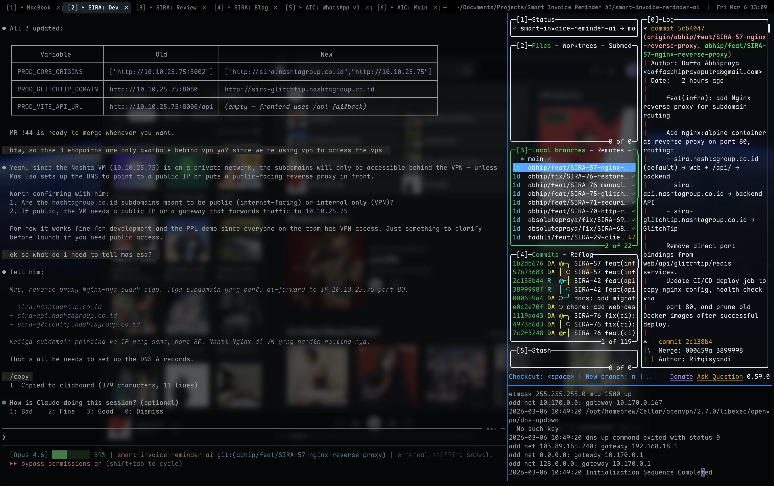 Claude Code with lazygit on a split pane