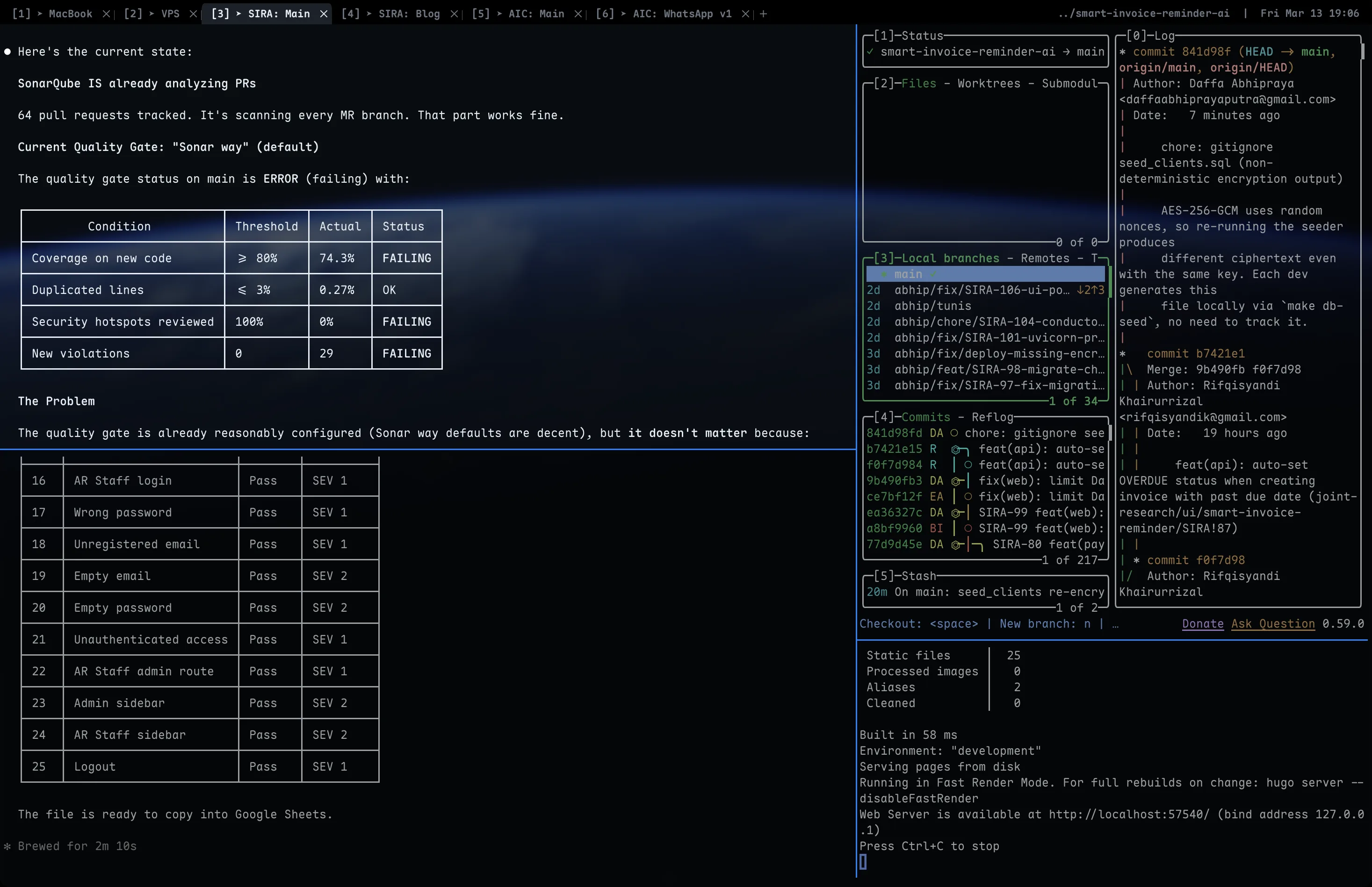 Claude Code terminal session analyzing SonarQube quality gate alongside Hugo blog server