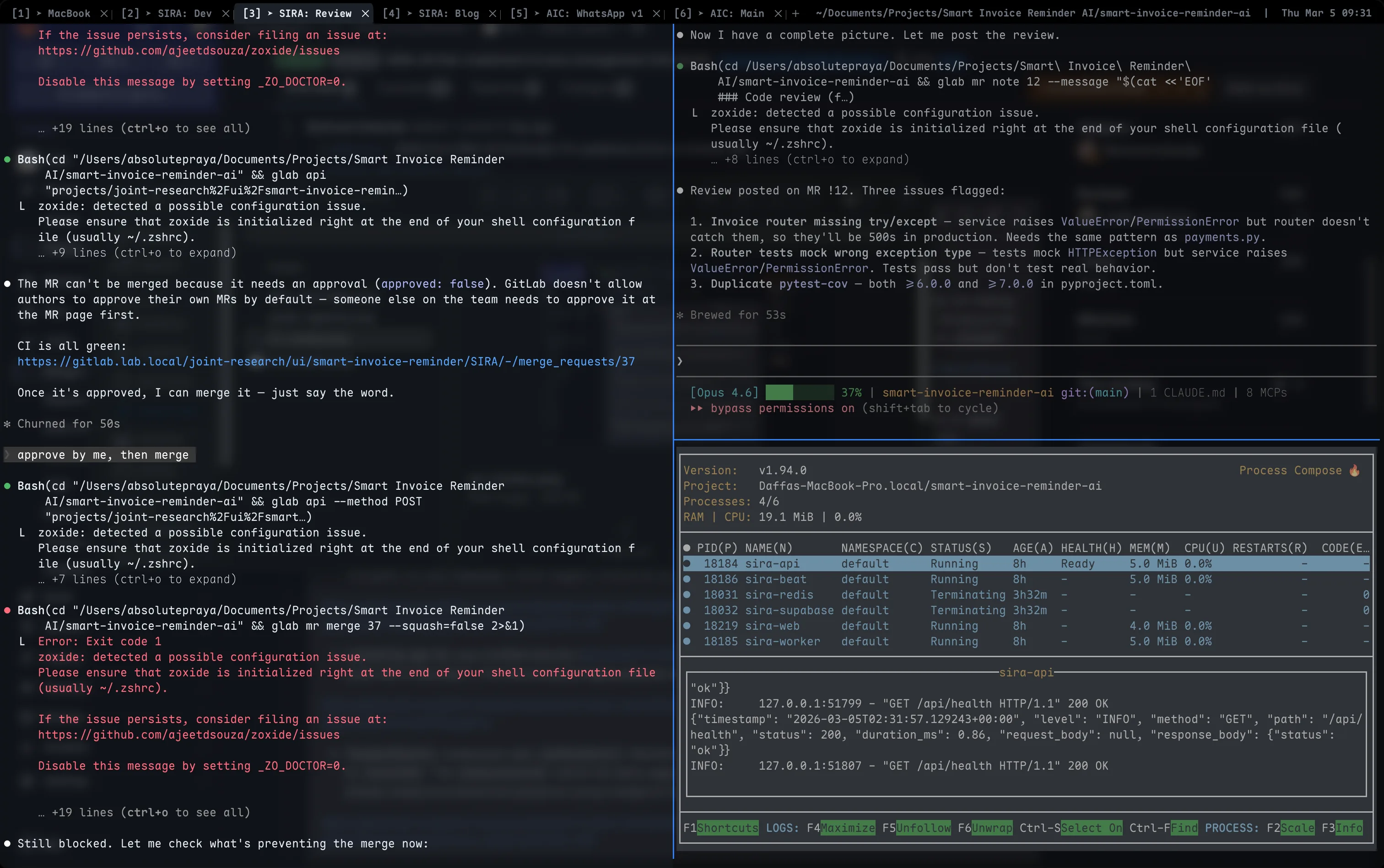 Claude Code terminal session - working with CLAUDE.md and MCP servers in the SIRA project