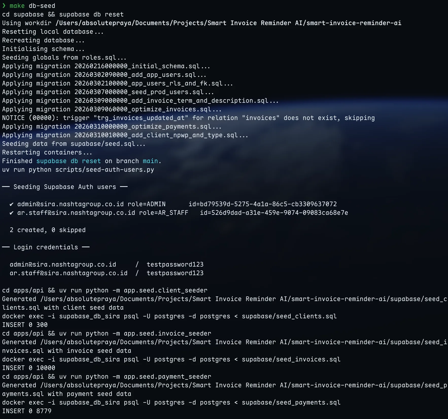 Terminal output of make db-seed showing the full seeding flow