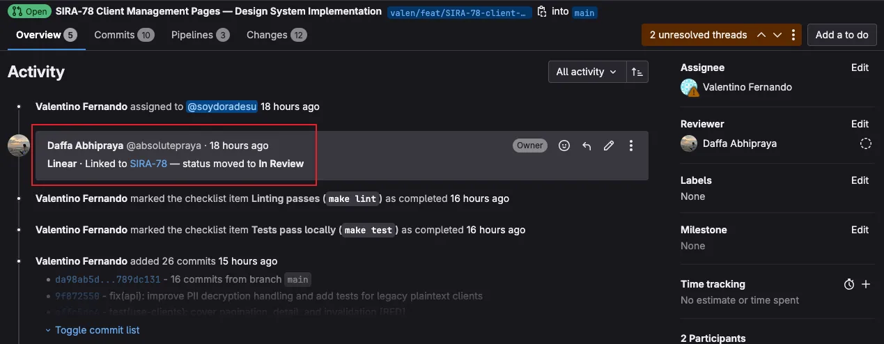 GitLab MR activity showing the automated Linear comment: &ldquo;Linked to SIRA-78, status moved to In Review.&rdquo; The comment is posted under my account (@absolutepraya) because the CI job uses my GitLab API key.