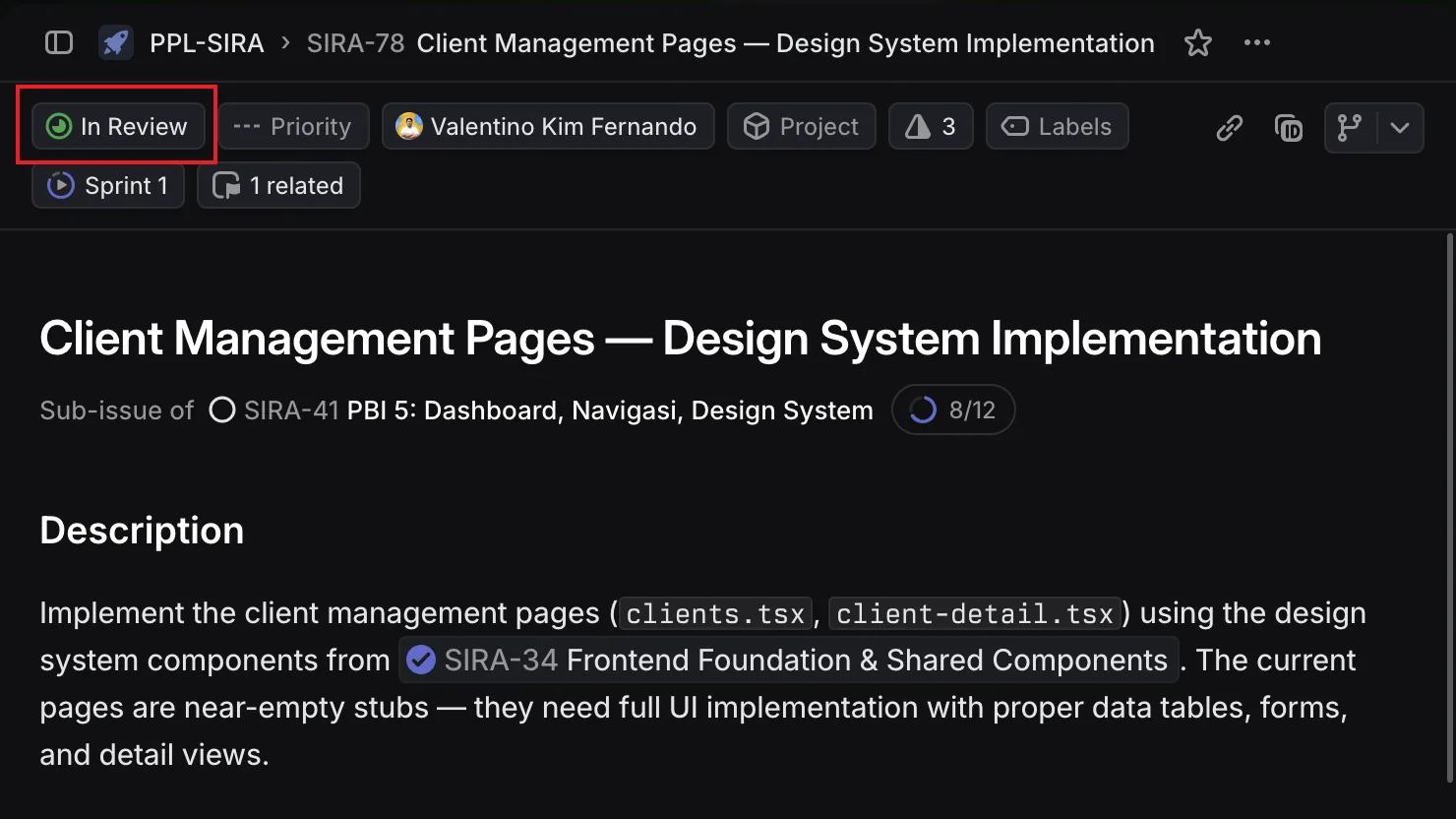 The same SIRA-78 ticket on Linear, now showing &ldquo;In Review&rdquo; status. The status change was triggered by the CI job using my Linear API key, which is why it appears as my action.