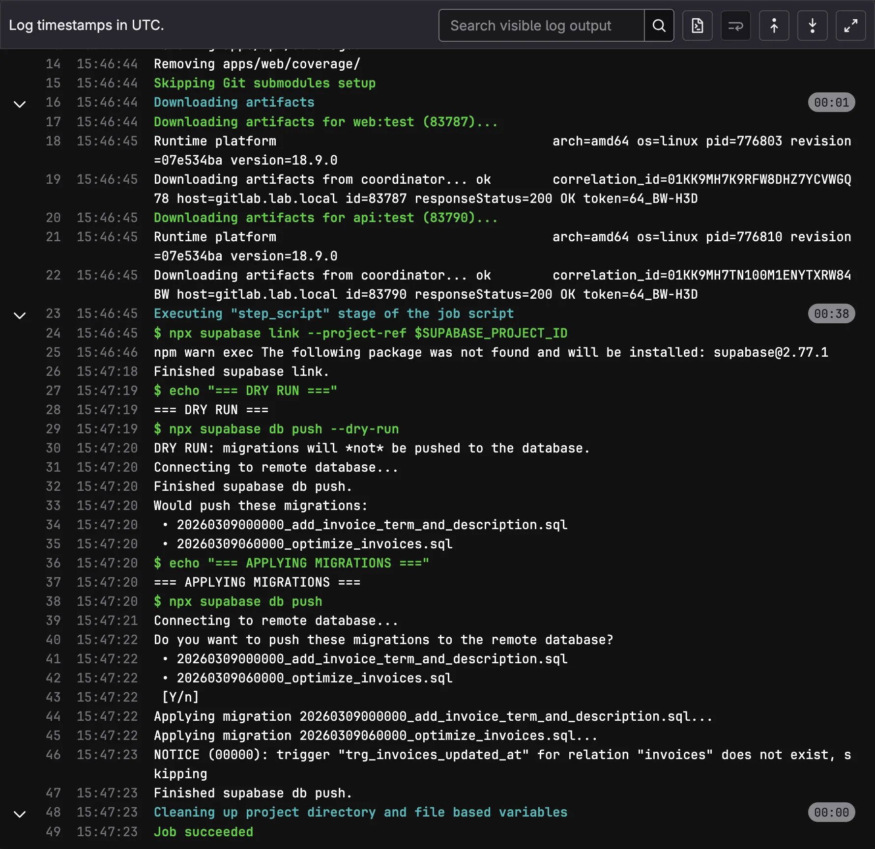 Migrate job log showing dry-run preview followed by the actual push