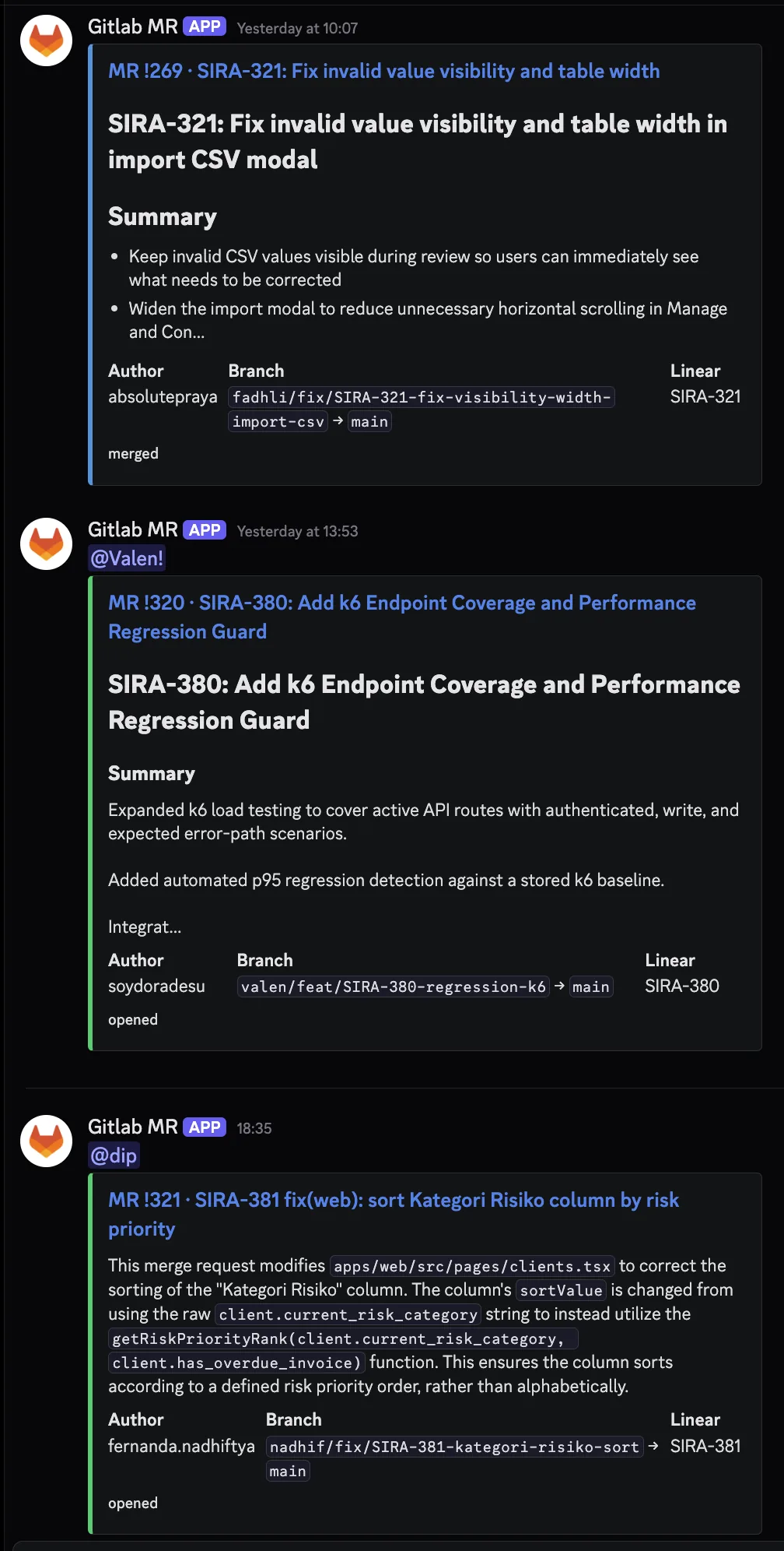 Three Discord MR cards posted by sira-mr-bot. Each card shows a colored left bar (green for OPENED state), the MR number and title, an AI-generated summary paragraph, and three inline fields: Author (GitLab username), Branch (source to target), and Linear (ticket code). The first two cards have a person ping above them tagging the responsible reviewer. All three MRs are from different authors across the team, showing the bot is actively used.
