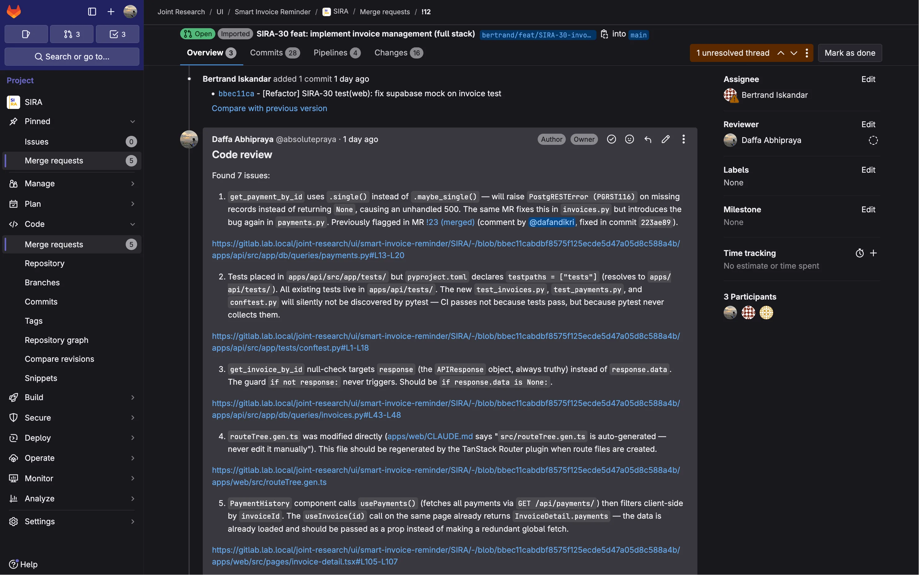 MR comment thread - review feedback with file and line references on GitLab