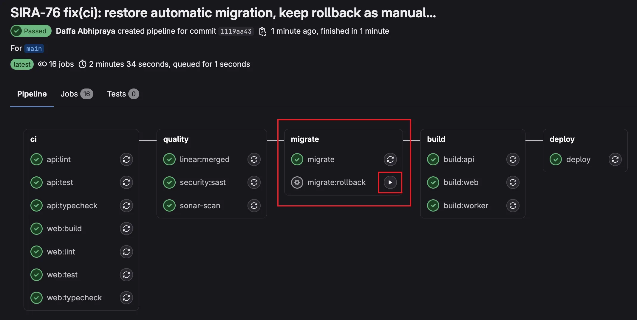 Pipeline showing the migrate and rollback jobs, with the manual play button visible on rollback