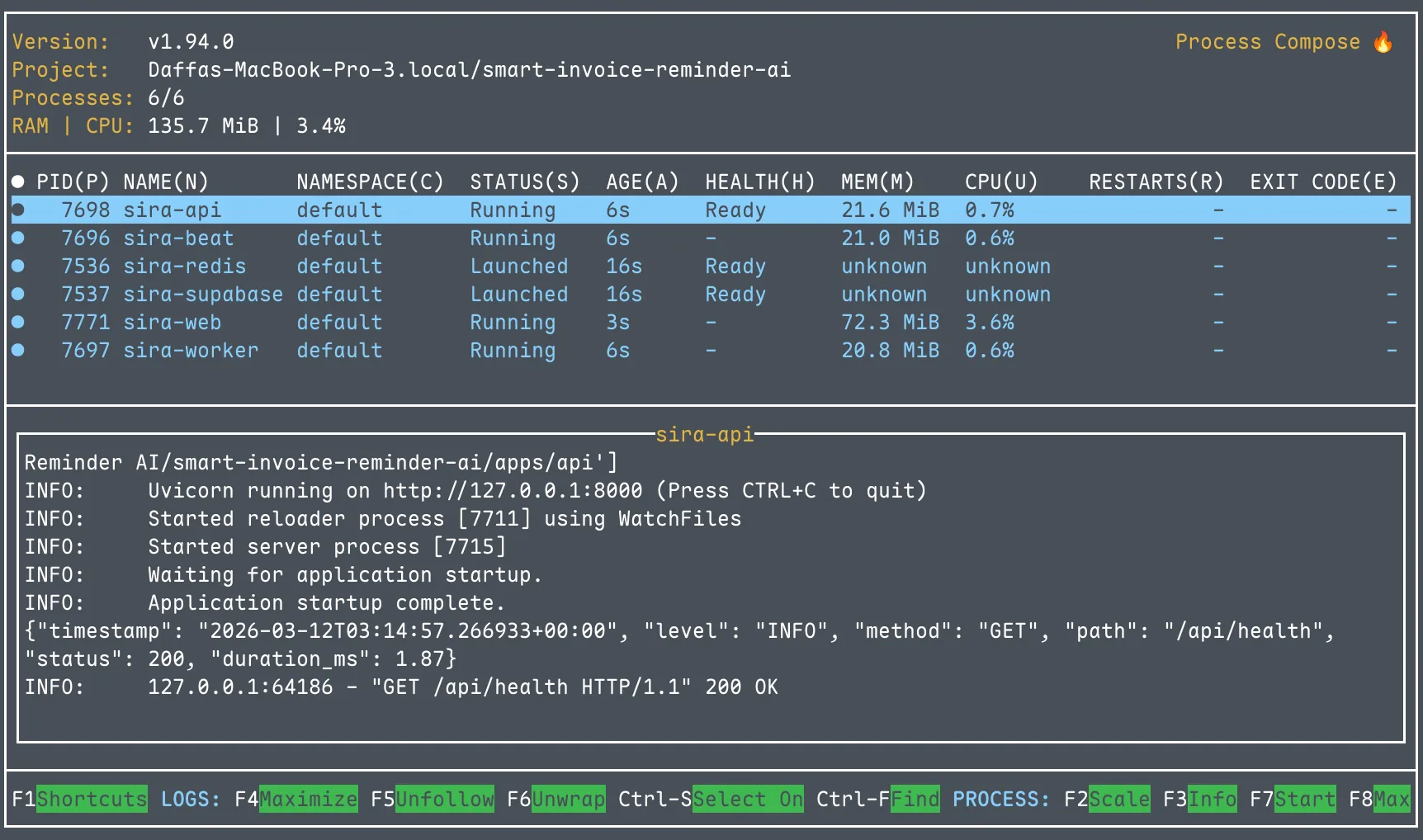 Process Compose TUI showing all 6 SIRA services (redis, supabase, api, web, worker, beat) running with health check status