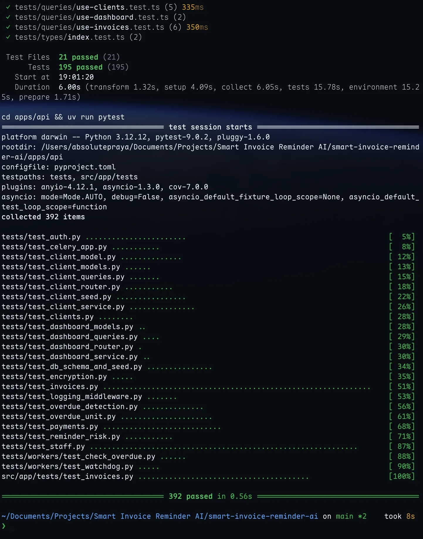 Vitest (195 frontend tests) and pytest (392 backend tests) all passing