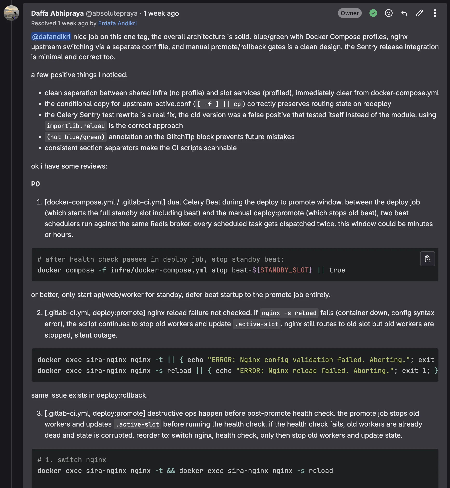 Review thread on MR !109 showing P0 race conditions and silent failure issues