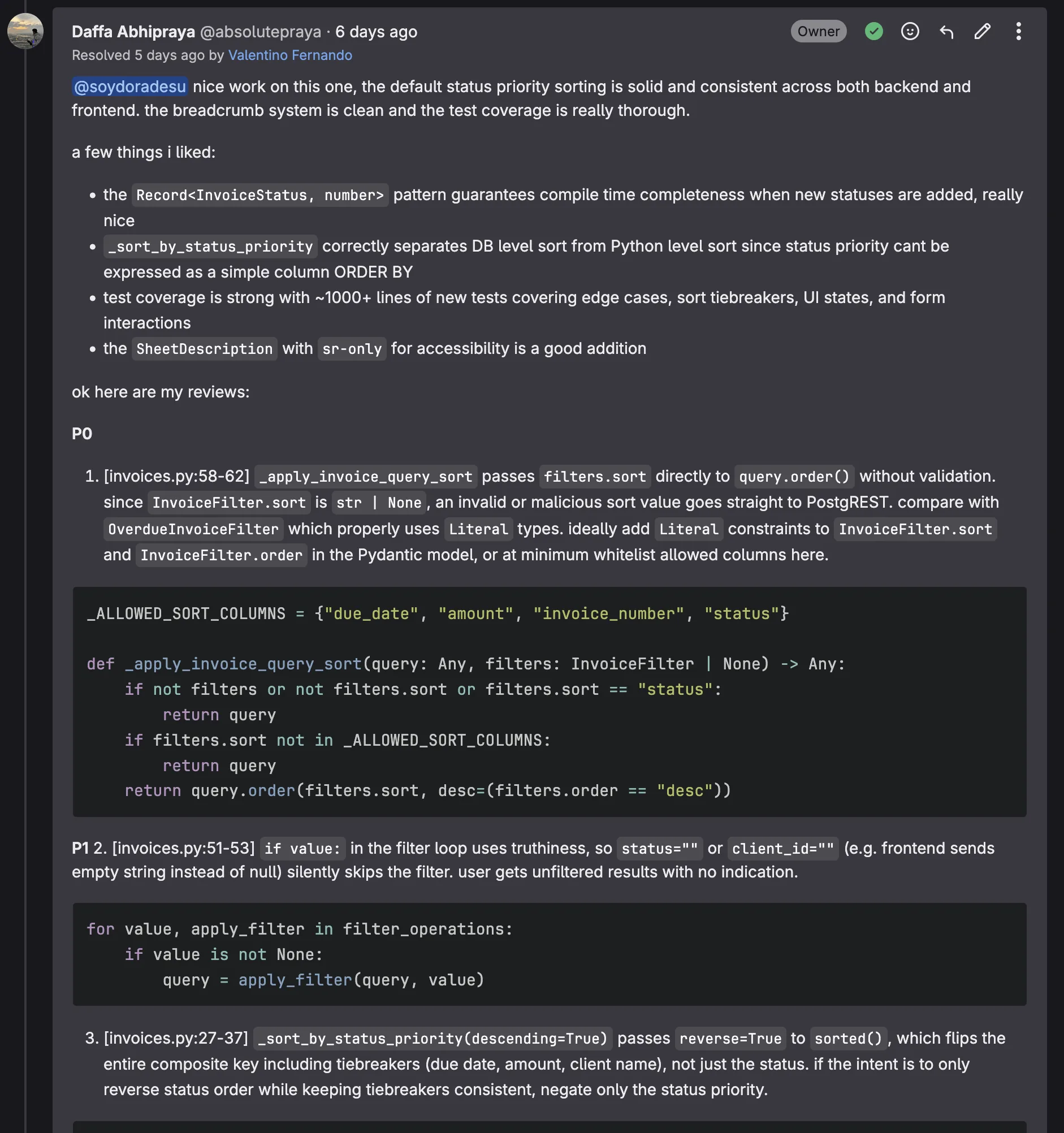 Review thread on MR !118 showing P0/P1 issues