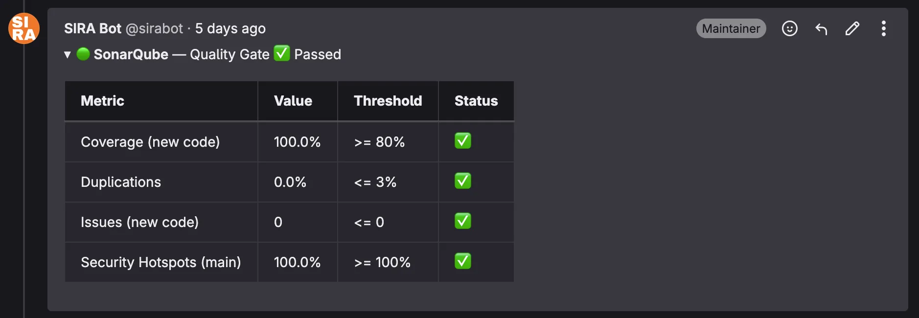 SonarQube quality gate result posted as MR comment