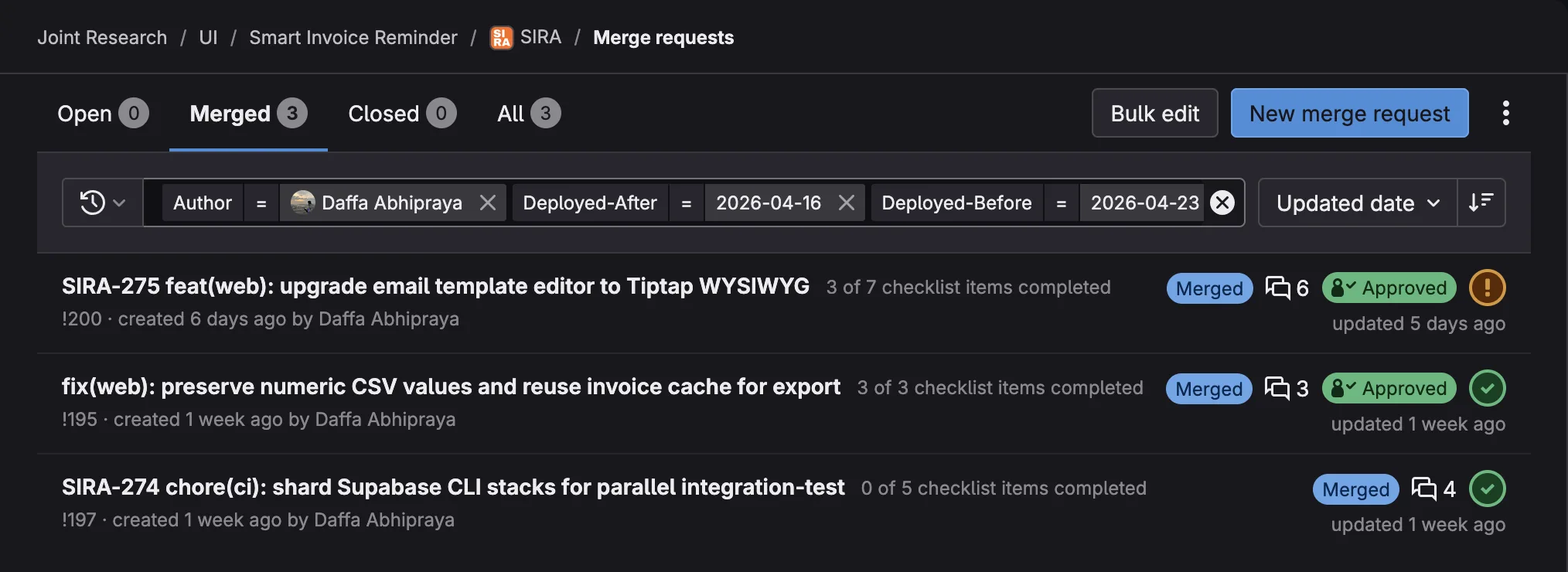 My merged MRs deployed between 2026-04-16 and 2026-04-23, filtered by author