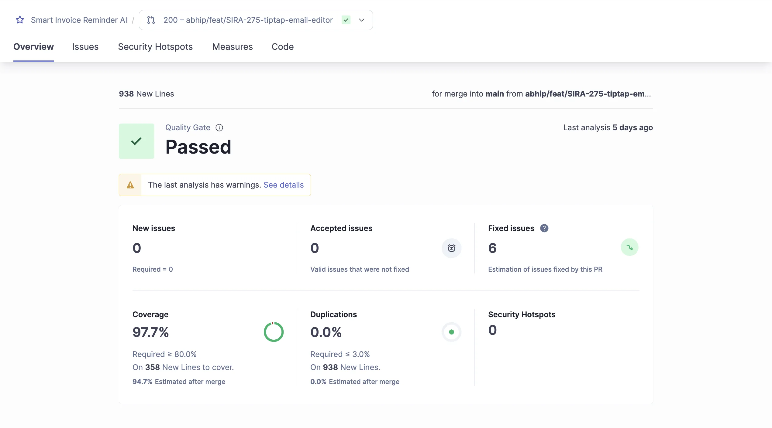 SonarQube quality gate Passed on the Tiptap MR: 938 new lines, 97.7% coverage on the 358 new lines requiring coverage, 0 new issues, 0.0% duplications