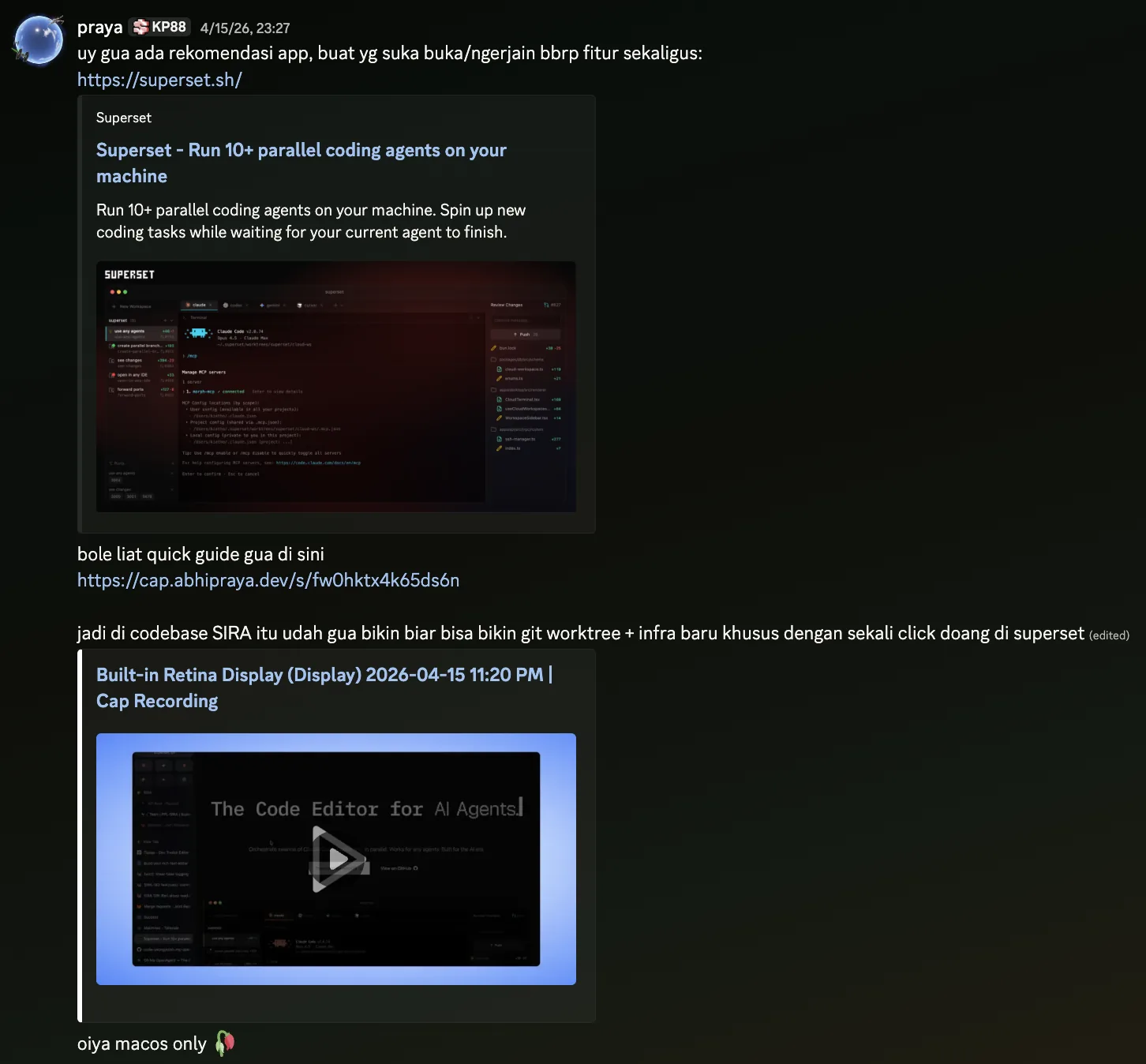 Discord share to the team channel with pitch, quick-guide link, and demo video attached