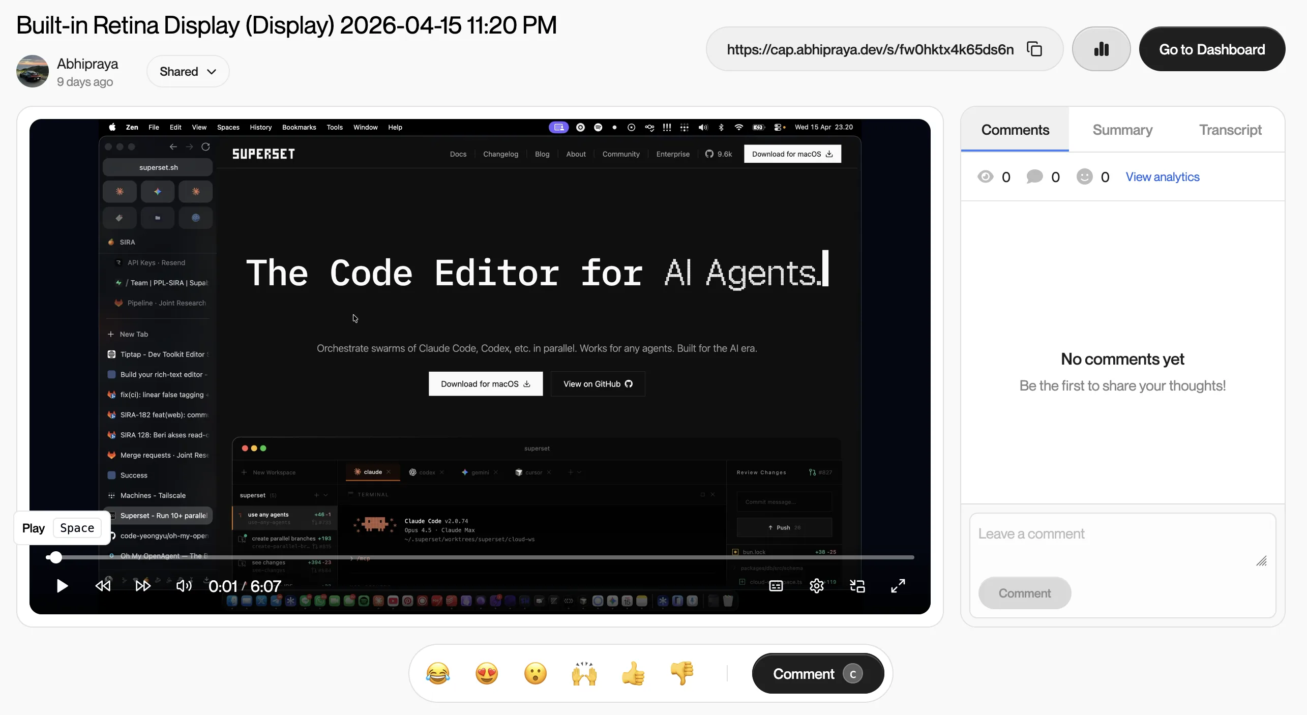 Superset demo video preview showing the app&rsquo;s landing page and parallel-agent framing