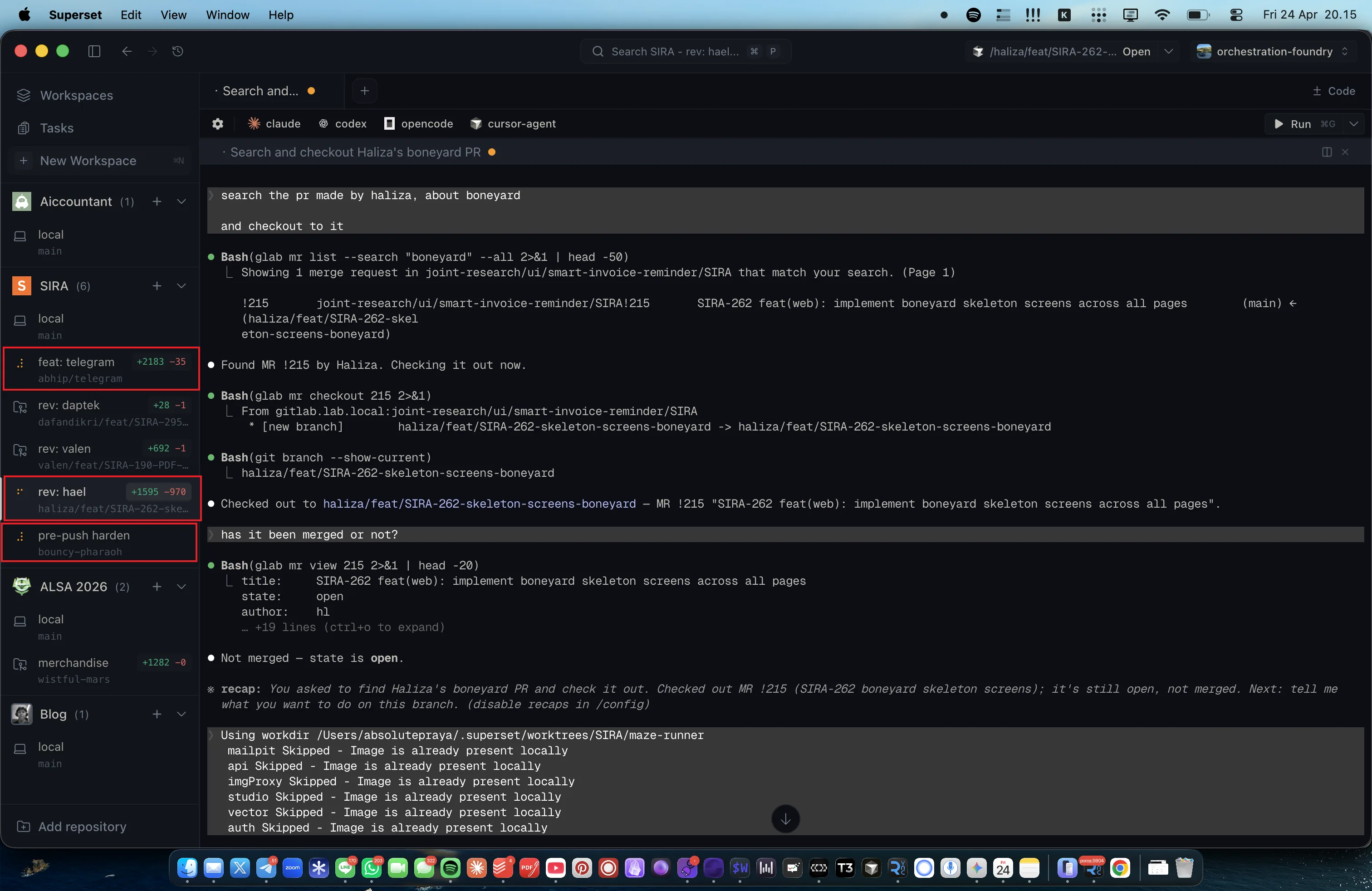 Three AI coding agents running in parallel across three different SIRA workspaces (feat-telegram, rev-daptek, tes-load), each working on a different feature in its own worktree with its own isolated infrastructure stack so ports and migrations never collide