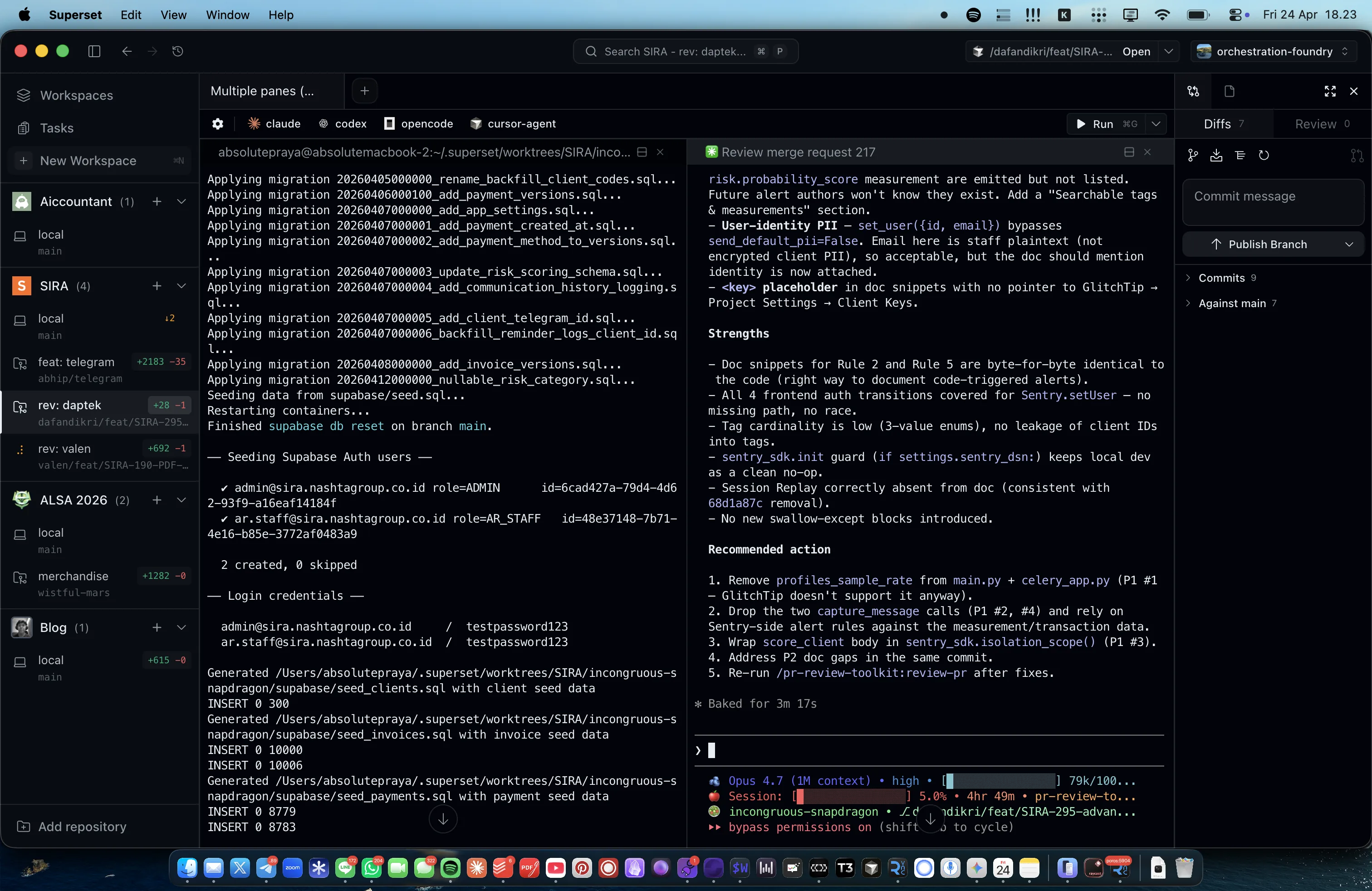 Superset showing multiple SIRA workspaces in the sidebar, each a separate worktree with its own infrastructure
