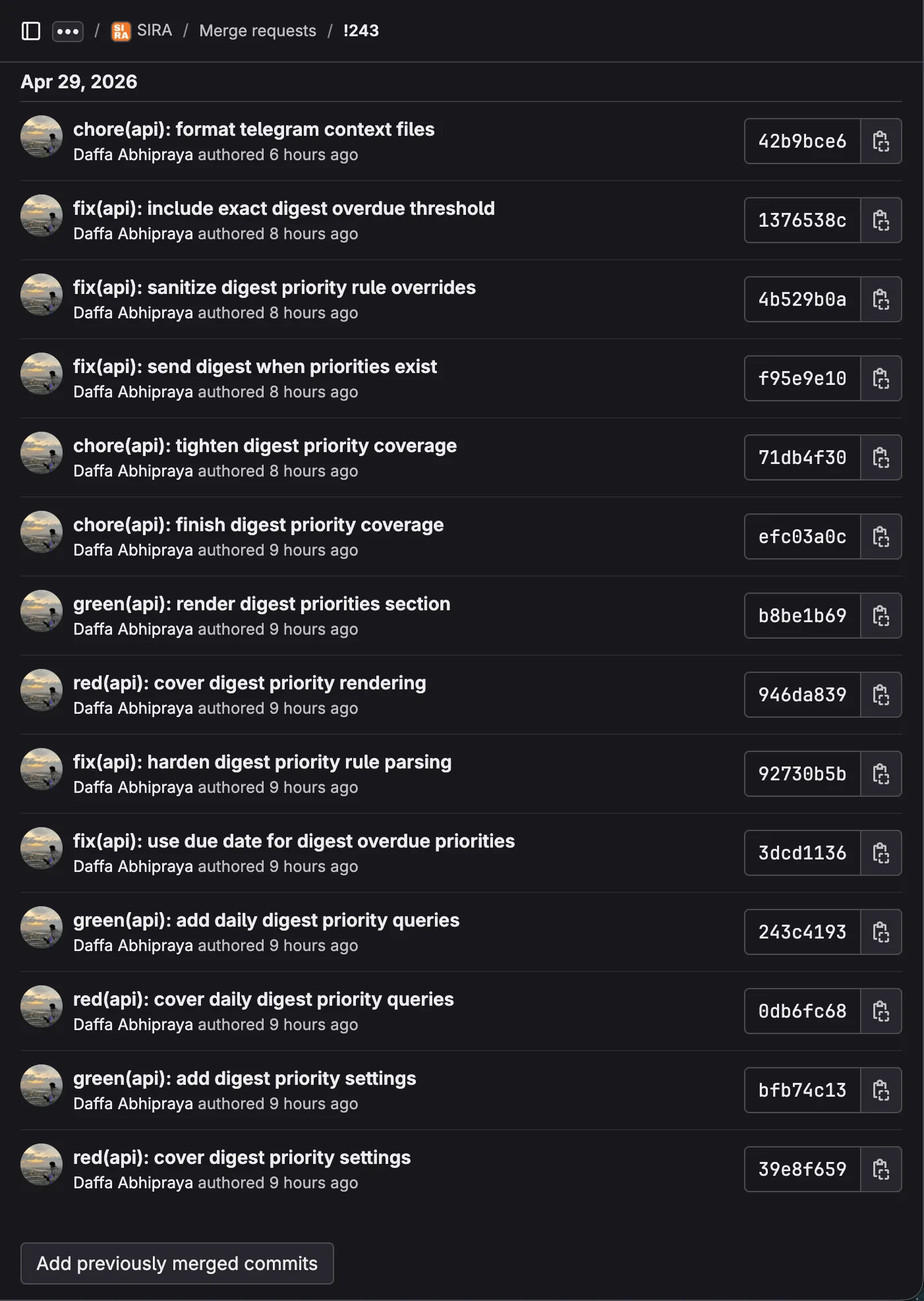 MR !243 commits view showing the alternating red(api)/green(api) pairs with their commit hashes