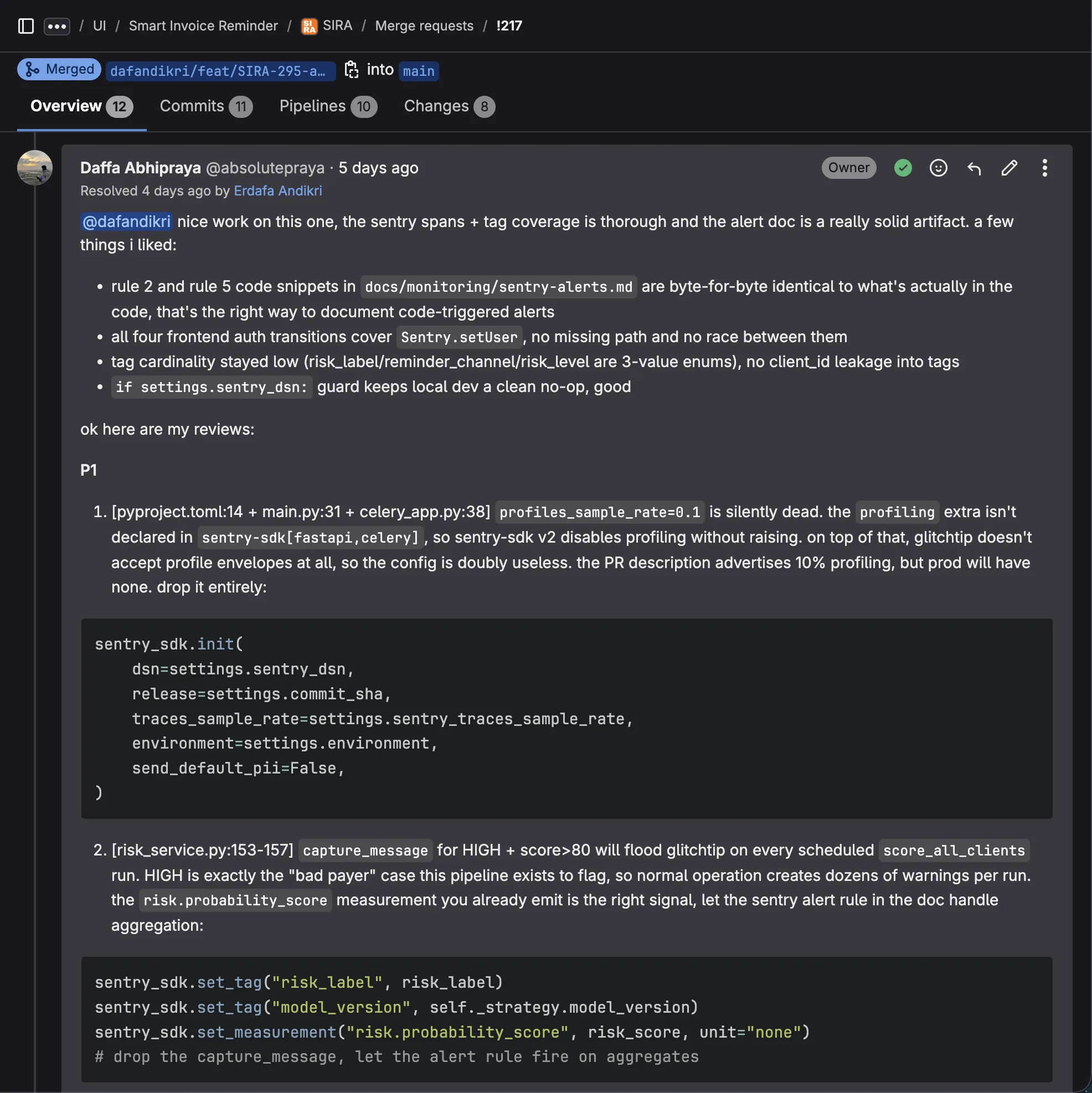 Review thread on MR !217 showing the three Sentry findings: dead profiles_sample_rate, capture_message flooding, isolation_scope tag bleeding