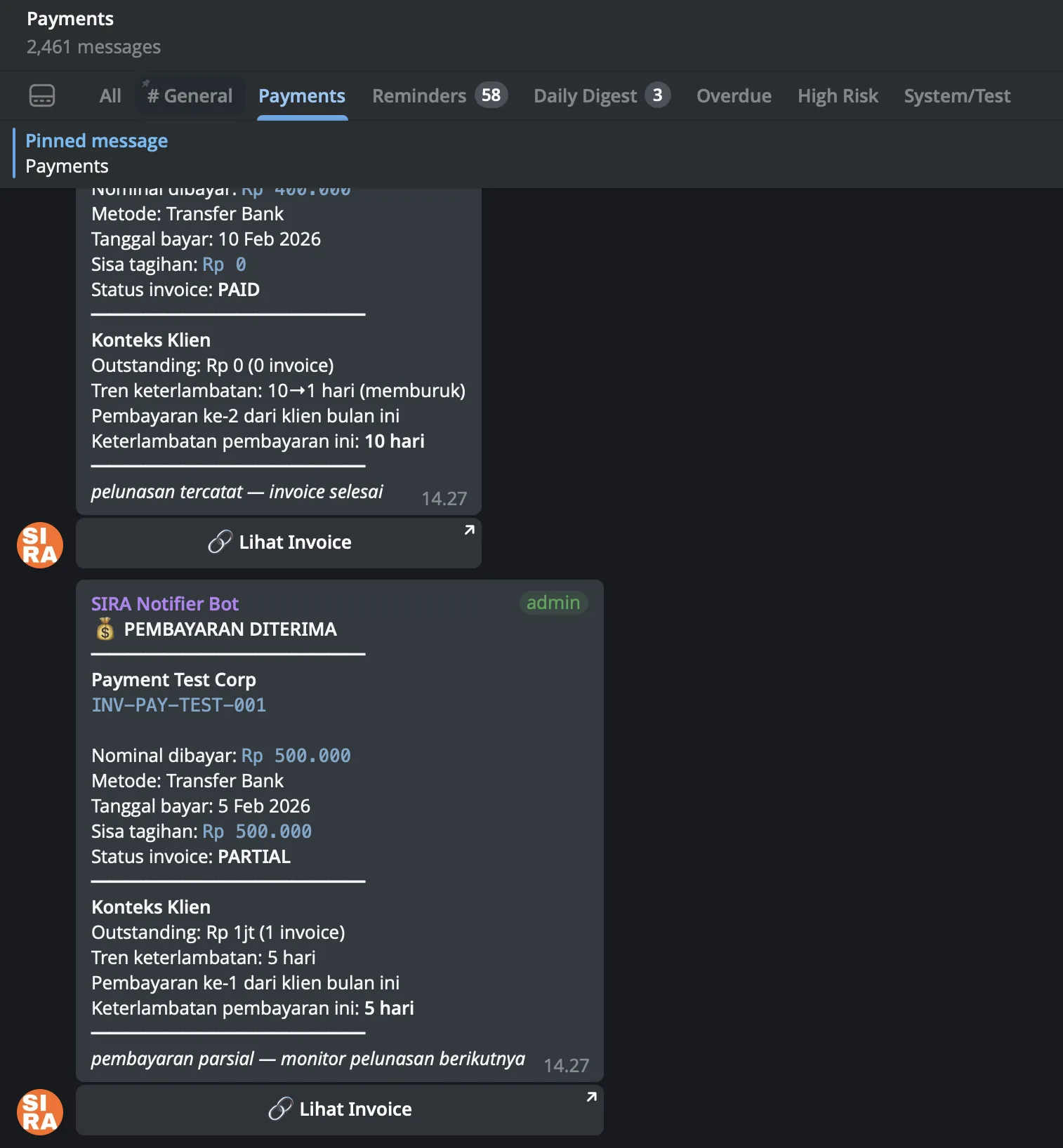 Payments topic showing PEMBAYARAN DITERIMA notifications with payment-specific fields (Metode, Tanggal bayar, Sisa tagihan, Status invoice). The second message demonstrates a PARTIAL payment with the explicit pelunasan parsial caption and the monitor-pelunasan-berikutnya hint