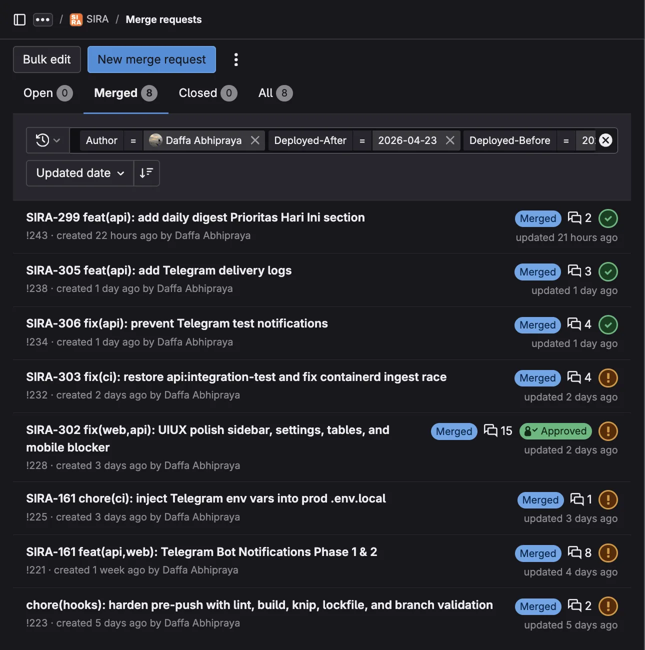 GitLab merge request list filtered to my authored MRs deployed between 2026-04-23 and 2026-04-30, showing all 8 MRs merged in the S3W2 window