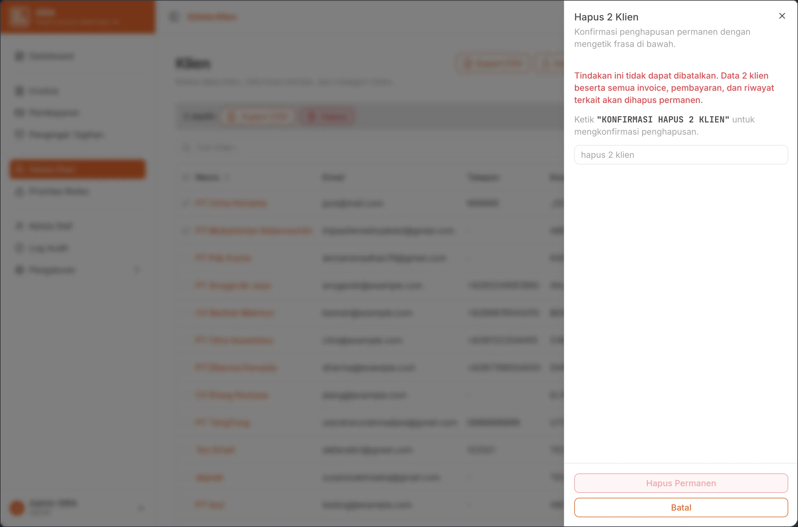 Step 2 of the bulk-delete Sheet: header &ldquo;Hapus 2 Klien&rdquo;, a red warning that the action is irreversible, instruction to type the confirmation phrase, the input field with placeholder &ldquo;hapus 2 klien&rdquo;, and the &ldquo;Hapus Permanen&rdquo; button rendered disabled because the phrase has not yet been typed